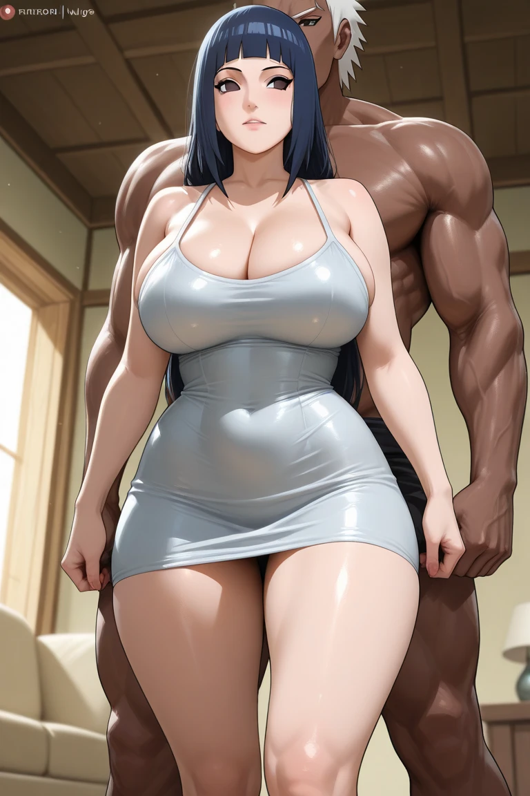 (1girl dark skin black hair orgasm large breasts sailor swimsuit bare barefoot nsfw standing,from side vaginal,sex 1boy)
