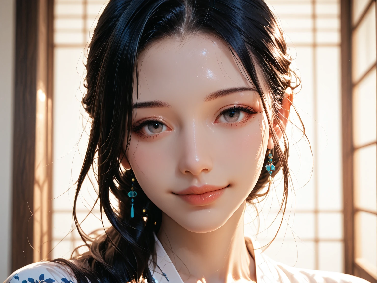 Highest quality, masterpiece, Ultra-high resolution, (Realistic:1.4), RAW Photos, One Girl, Incredibly beautiful kimono, Twelve-layered kimono, Japanese clothing, Deep Shadow, Moderate, Bamboo forest at night, Illuminated by the moonlight, 20-year-old, (A kind smile:1.3), Cute face, (head shot:1.2), Golden Ratio:1.3