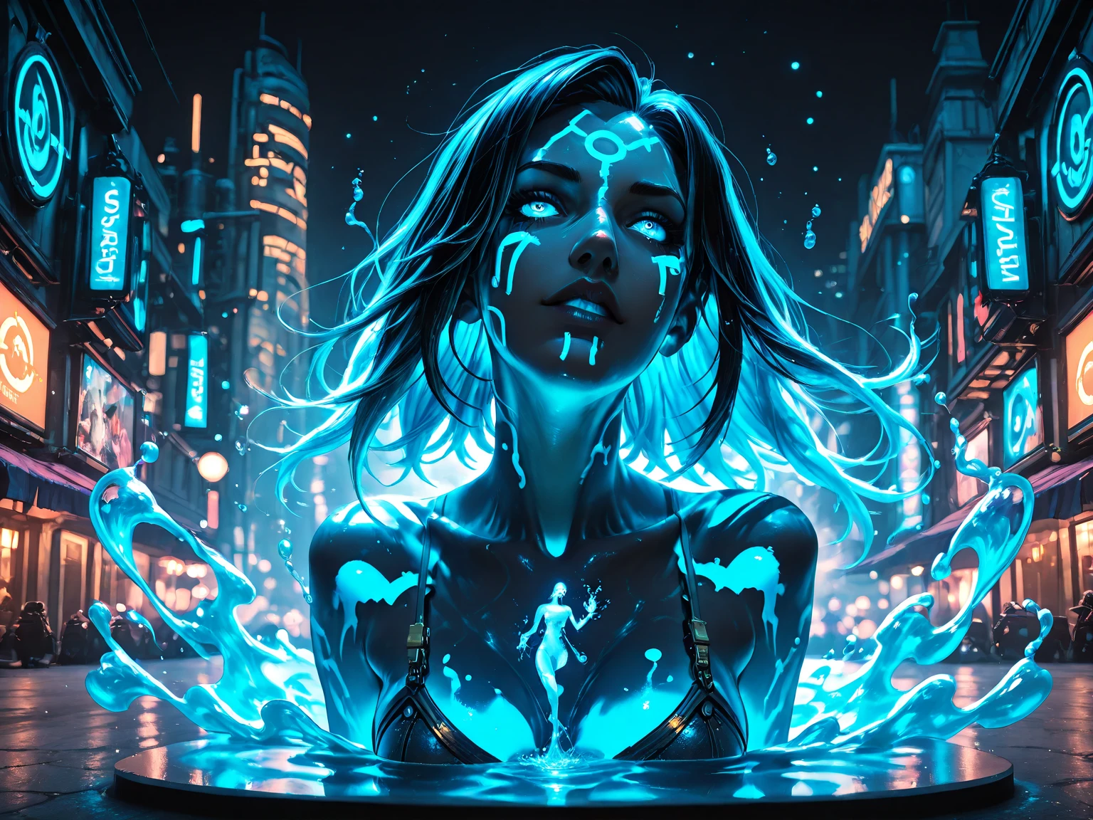 (girl by Fullwater:1), cute, curvy, cute pose, long hair, (liquid body, liquid, water, blue skin:1.2), (very long hair:1.2), ((water)),
(detailed ladscape, city, street:1.2),(detailed background),detailed landscape, (dynamic angle:1.2), (dynamic pose:1.2), solo, wide shot,
(masterpiece:1.2), (best quality, highest quality), (ultra detailed), (8k, 4k, intricate),(full-body-shot), (Cowboy-shot:1.4), (50mm), (highly detailed:1.2),(detailed face:1.2), detailed_eyes,(gradients),(ambient light:1.3),(cinematic composition:1.3),(HDR:1),Accent Lighting,extremely detailed CG unity 8k wallpaper,original, highres,(perfect_anatomy:1.2),
<lora:water_concept-20:0.8>