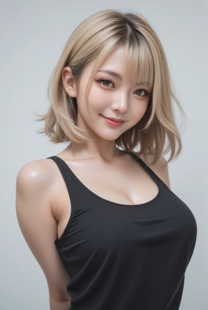 Genuine, masterpiece, Highest quality, Waist-up shot of a woman smiling happily, Beautiful and detailed, Long, narrow eyes,  Dark Eyes, Thin eyebrows, (Delicate eyelashes, Long eyelashes, Eyelash extensions), Date night makeup, (Blonde Hair, short hair, middle part), (black summer outfit)