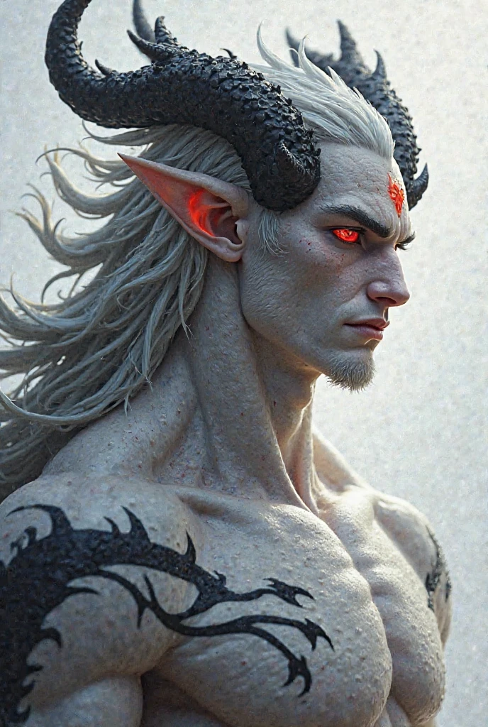 A close-up of a male character with horned head and horns, Suitable for white-haired banshees,Corner of magma material,Heavy beast head and shoulder blades,Magma-eyed animal head and shoulder blades,Bracers, human male demon, djinn man male demon, demon male, male djinn man demon hybrid, demon soul concept art, portrait demon half human, man male demon, demon noble character design, Demon Lord, the former demon king,China-style,White-haired god, painted in the style arcane, Male characters,Delicate belt,China-style,Chinese-style clothing,Refinement,Fine painting,Refinement,infinite details,high definition detail,Patterned,Animal tattoos,Blank background,Bright colors,Metal edging
