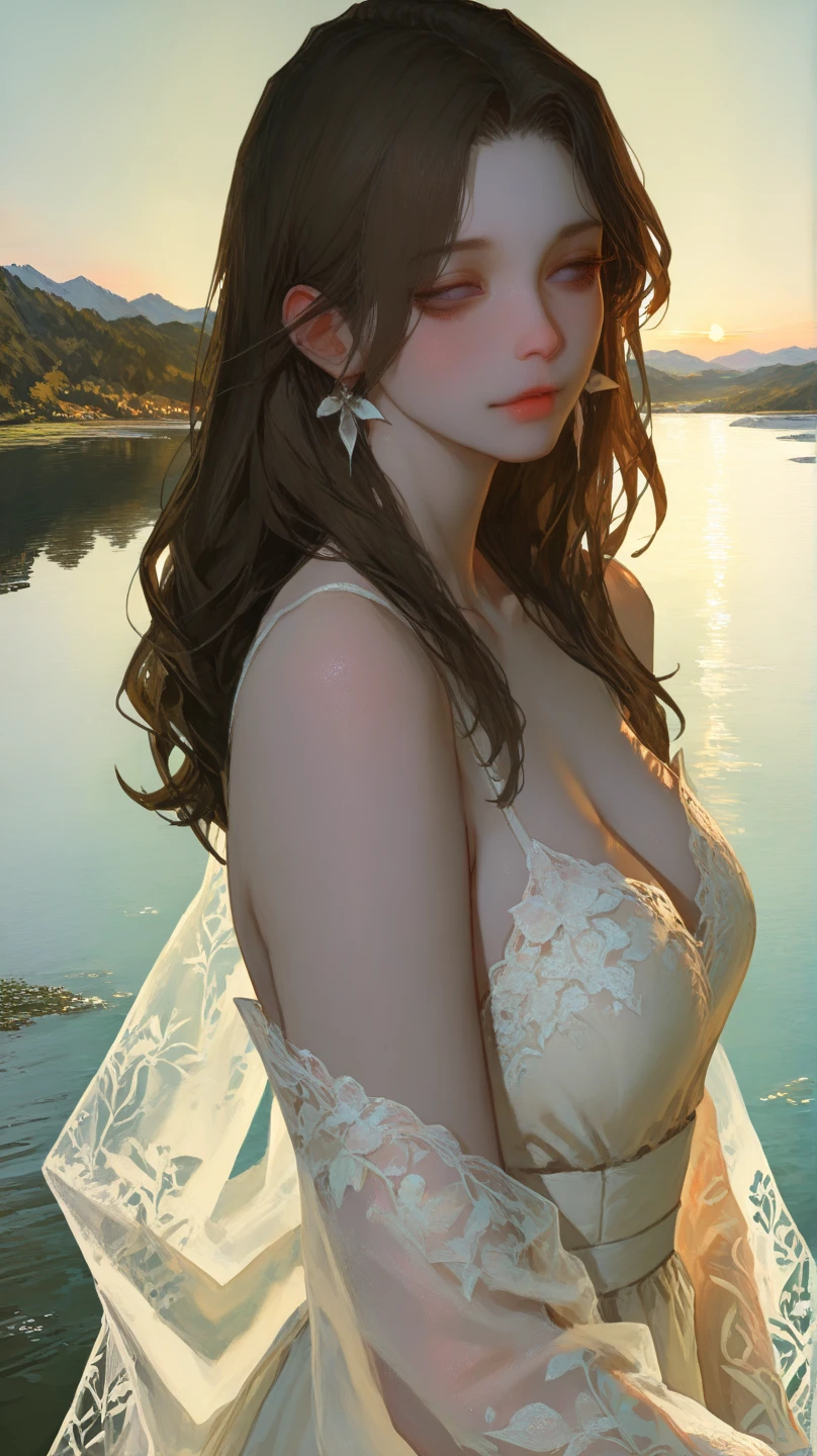 Exquisite (slim (skinny)) Girl 16 years old (with a perfect, very beautiful gentle face and almond-shaped eyes) (with a southern skin tone and soft lips) (with red hair) (with freckles) (costs (waist-deep in water)) ((nude)) (with tender (small beautiful breasts)) ((with soft pink nipples)) (Barefoot) In the middle of a big river (((on another planet))) ((in a thin transparent tight-fitting elegant long dress)) ((with wide electronic bracelets on the arm and ankle)); (((unusual massive precious jewelry on the chest and wrists))), (((precious jewelry on the neck and chest))), (((unusual plants, Electronic devices))); ((Sunset Evening Amber Light)), (((backlighting, backlight, against the light of the setting sun, silhouette))), ((caramel soft warm shades)); (Warm summer late evening), ((Warm sunset light)); draw ((in watercolor style)); ((very beautiful exquisite face)); (High image quality, High detail), ((Discreet shades, imitation of film photography, diffused soft light)); ((big alien eyes), (skinny)); ((delicate mint shades)), (sfumato)