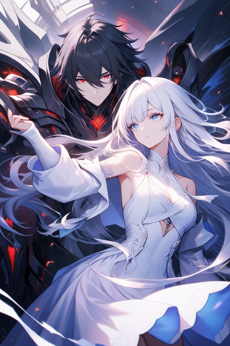 (um personagem adulto de anime tensei shitara slime) Rimuru Tempest, com olhos proeminentes e penetrantes de um (((vermelho escarlate))), who exude an aura of cold determination and a sharp intelligence, (the hair is heavenly light blue), fluindo e suave, framing a face with delicate features and a neutral mouth, no trace of smile, sorriso frio, olhar frio, reflecting an unshakable personality and indomitable spirit, The white hood that covers the character's head adds a touch of mystery and nobility. , complementing its enigmatic and powerful presence, personagem completo, na floresta, pele branca