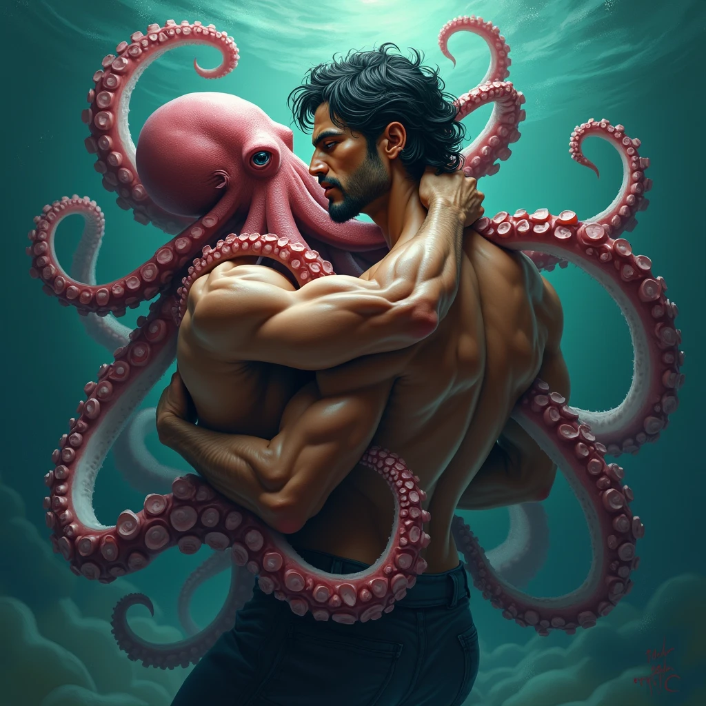 An Octopus tentacles saving a black person pulling their arm with its tentacles 