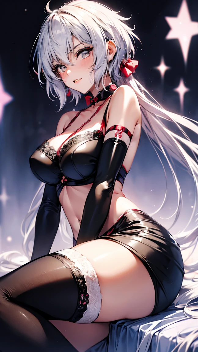 summer_jalter, yellow_eyes, long hair, mature, single thighhigh, white hair, thigh strap, bikini, 1girl, solo, closeup