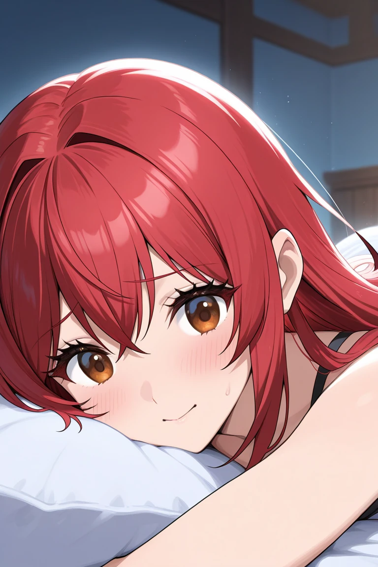 1 boy, licking penis、cum facial、 Face、Sweat、、Bedroom,Asuka Langley Soryu, (Souryu Asuka Langley:1.2), Long hair, Bangs, Blue eyes, Brown hair, Hair Ornament, from above