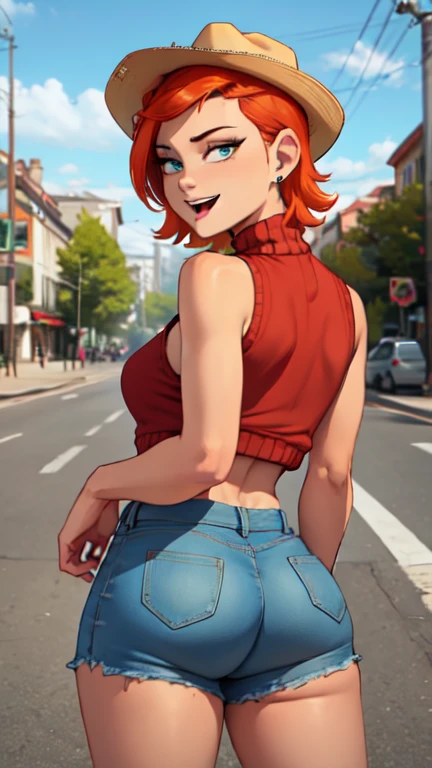 short, redheadwear, slickedback hair, eyes browns, big-ass, Small breasts, wearing very short shorts and a shirt that touches the breasts.