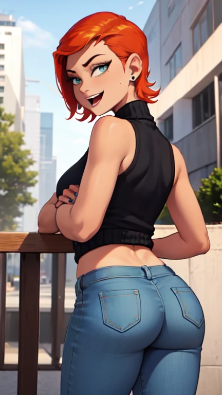 (Masterpiece, Best Quality, High Quality),(NSFW:1.3),Nishikino maki, Red hair, purple eyes, cowboy shot,low waisted pants, tight ,(sweater crop top), (sexy stomach), detailed belly, midriff, big breasts,looking at viewer, earrings,in street