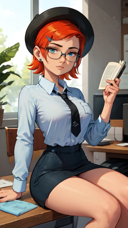 (Masterpiece), Best Quality, ultra-detailed, 1girl (Gwendolyn_Tennyson,  Slender and sexy body, lovely small breasts, orange hair, long wave hair, green eyes, half-closed eyes, spectacles), a come-hither face, smirk , parted lips, nose blush, blush, facing viewer, looking at viewer, solo, business suits, business jacket,  dark blue jacket, white y-shirts(buttons), necktie,  pleats skirt,dark blue skirt, black lace thighhighs, in the classroom, night time, , sitting,  sitting on desk, spread legs, black lace panties, come-on, lure,, Sexy waist teasing,  , from_below 