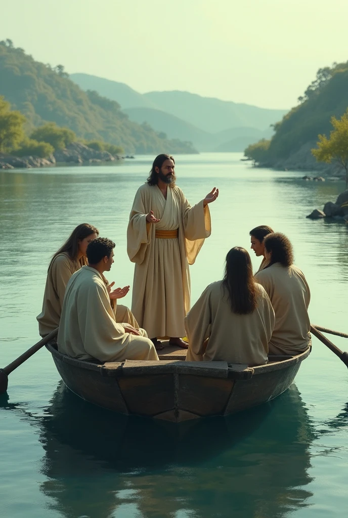 There are 4 characters in this photo, 1 is Jesus Christ who is taking the selfie where the photo generated is the selfie taken by him., Jesus has long straight black hair and is taking a selfie with three other people in a small boat that is sailing on a river. The characters are men over 40 years old and the photo generated is the selfie that Jesus is taking.