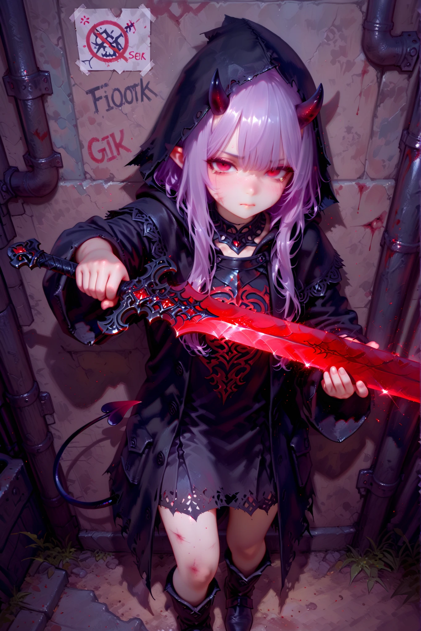 masterpiece, best quality, Detailed Eyes, girl, fantasy, very long purple hair, red eye, tiny black horn, cute, pretty, semi realistic, 8k, black hood coat, small demon tail, emotionless, disappointed face, tearing, looking at viewer, fantasy, slum background, midnight background, solo charactor, empty eye, frustrated, dusty, lean against the wall, incoming attack pose, holding shadow sword, wounded, hurt