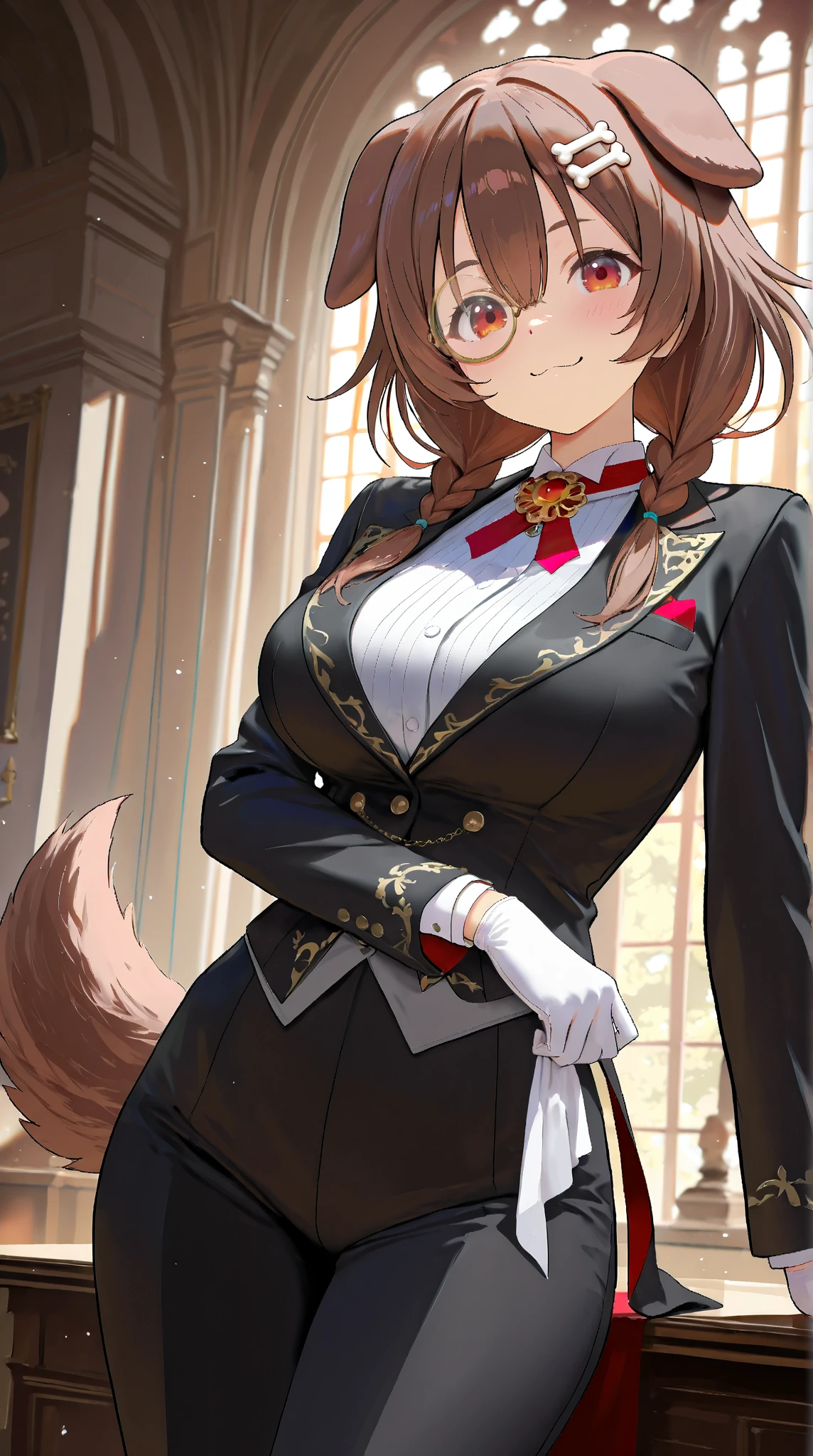 uploaded on e621, by personalami, Michael & Inessa Garmash, Ruan Jia, Pino Daeni, garden, solo (bright red) ((female)) anthro, (high angle shot), detailed face, detailed eyes, detailed fluffy fur, fluffy tail, short hair, digitigrade, seductive pose, suit, fancy pants, digital painting, natural lighting, cleavage, photorealistic (pinup) (Victorian clothing) medals (smug face) smiling (cocky), eyewear, steampunk, golden jewelry, (furry hands)