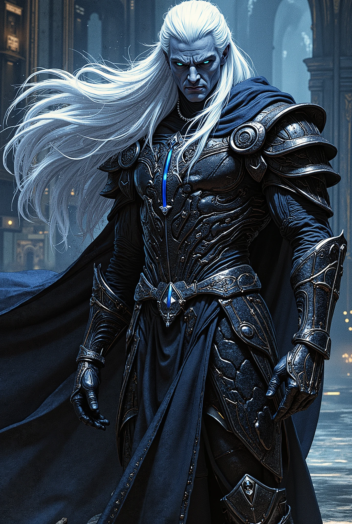A great warrior, an incredibly handsome Drow man, an emperor, long white hair combed back, black skin, strong build, completely blue eyes, in incredible onyx armor, full height, dynamic pose