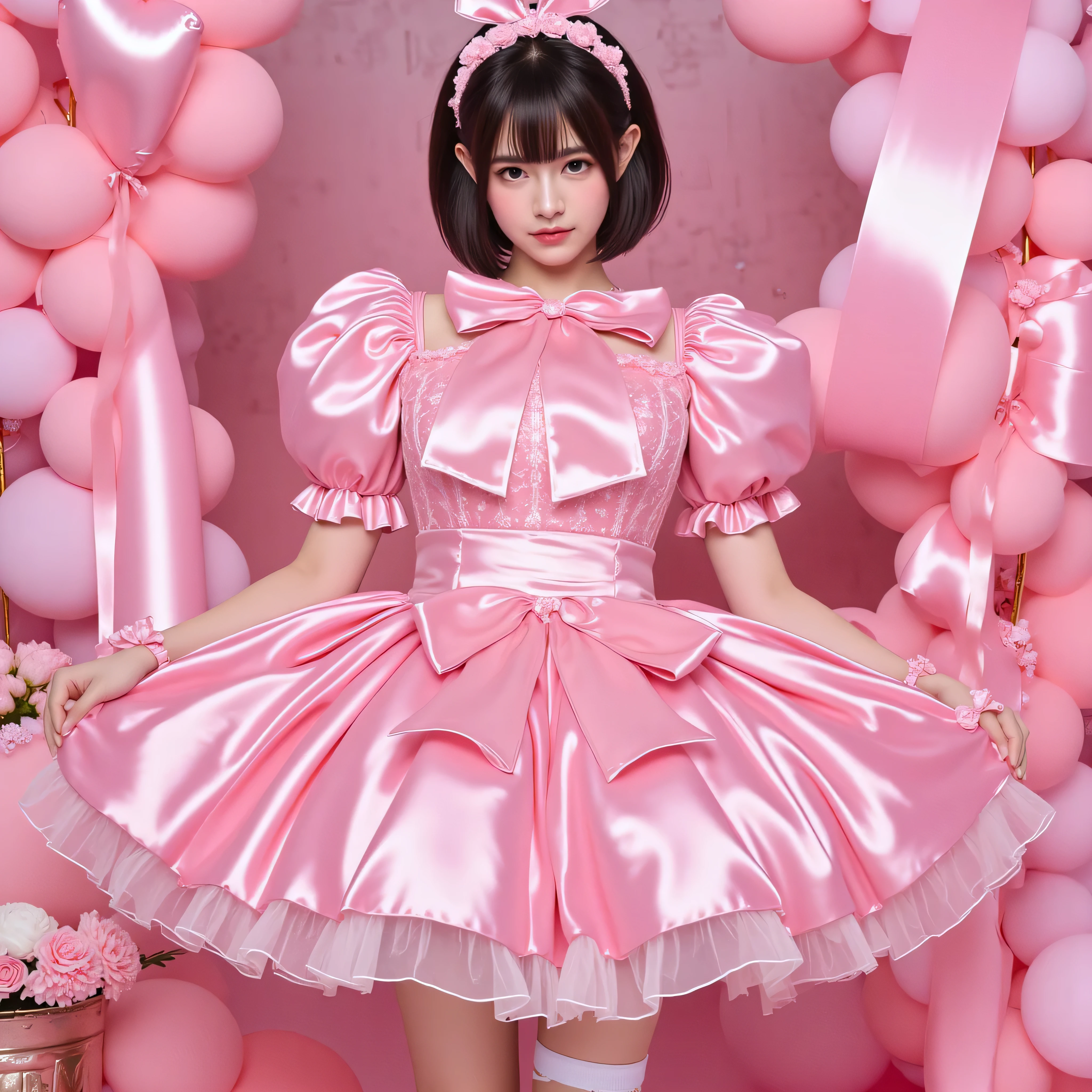 best image quality、Princess dress with lots of huge pink ribbons in very shiny silk、low-fabric dress、extremely short micro mini skirt、Huge pink double bow tied around the neck、Big bulging puff sleep、 white garter belt and over the knee socks 、flushed cheeks、embarrassed expression、is in a hurry、Big Breasts、headband with large pink ribbon、slouches forward、short hair、see-through、bras、wet、delicate、Thin Waist、