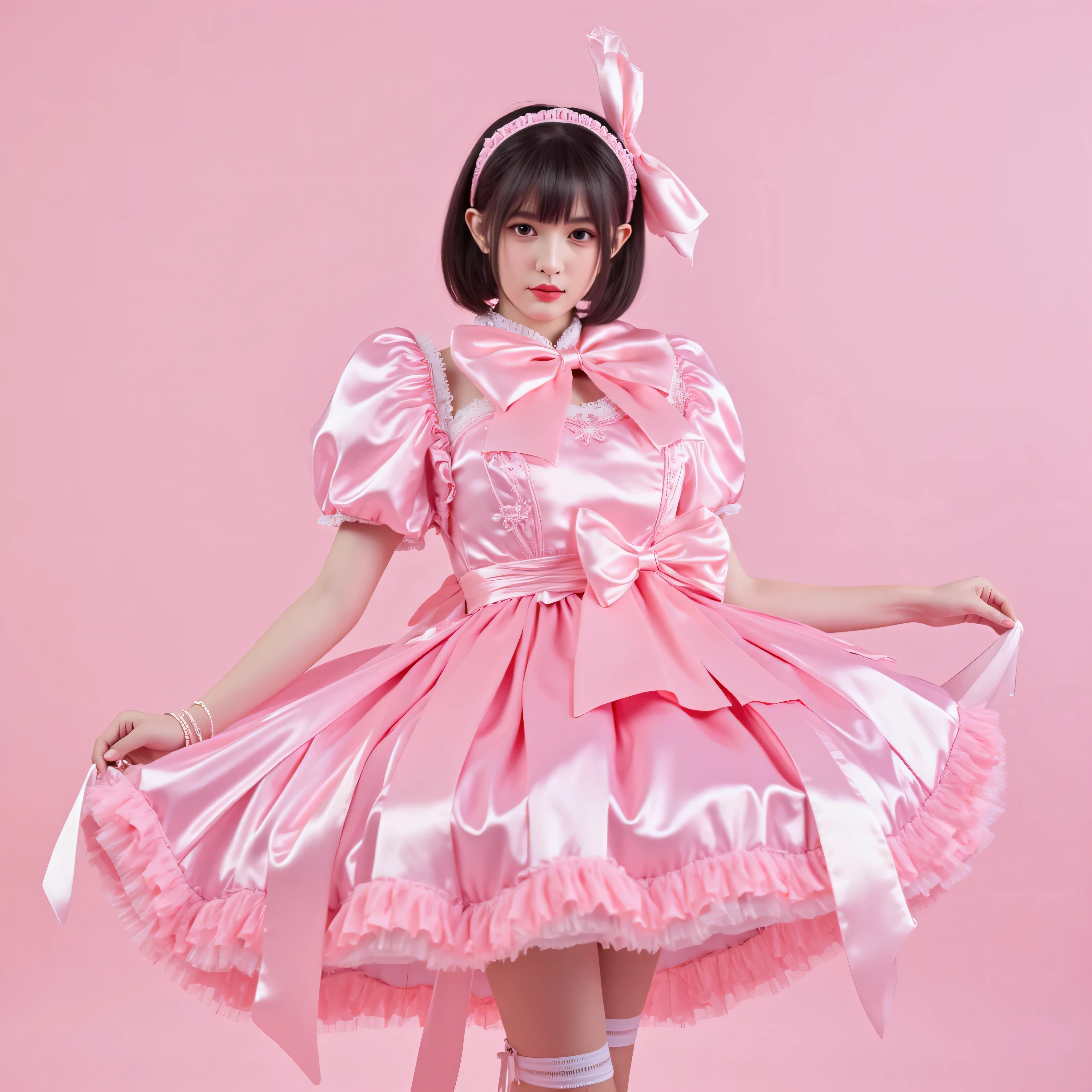 best image quality、Princess dress with lots of huge pink ribbons in very shiny silk、low-fabric dress、extremely short micro mini skirt、Huge pink double bow tied around the neck、Big bulging puff sleep、 white garter belt and over the knee socks 、flushed cheeks、embarrassed expression、is in a hurry、Big Breasts、pink headband with a large ribbon on the side、short hair、see-through、bras、delicate、Thin Waist、 、turn around