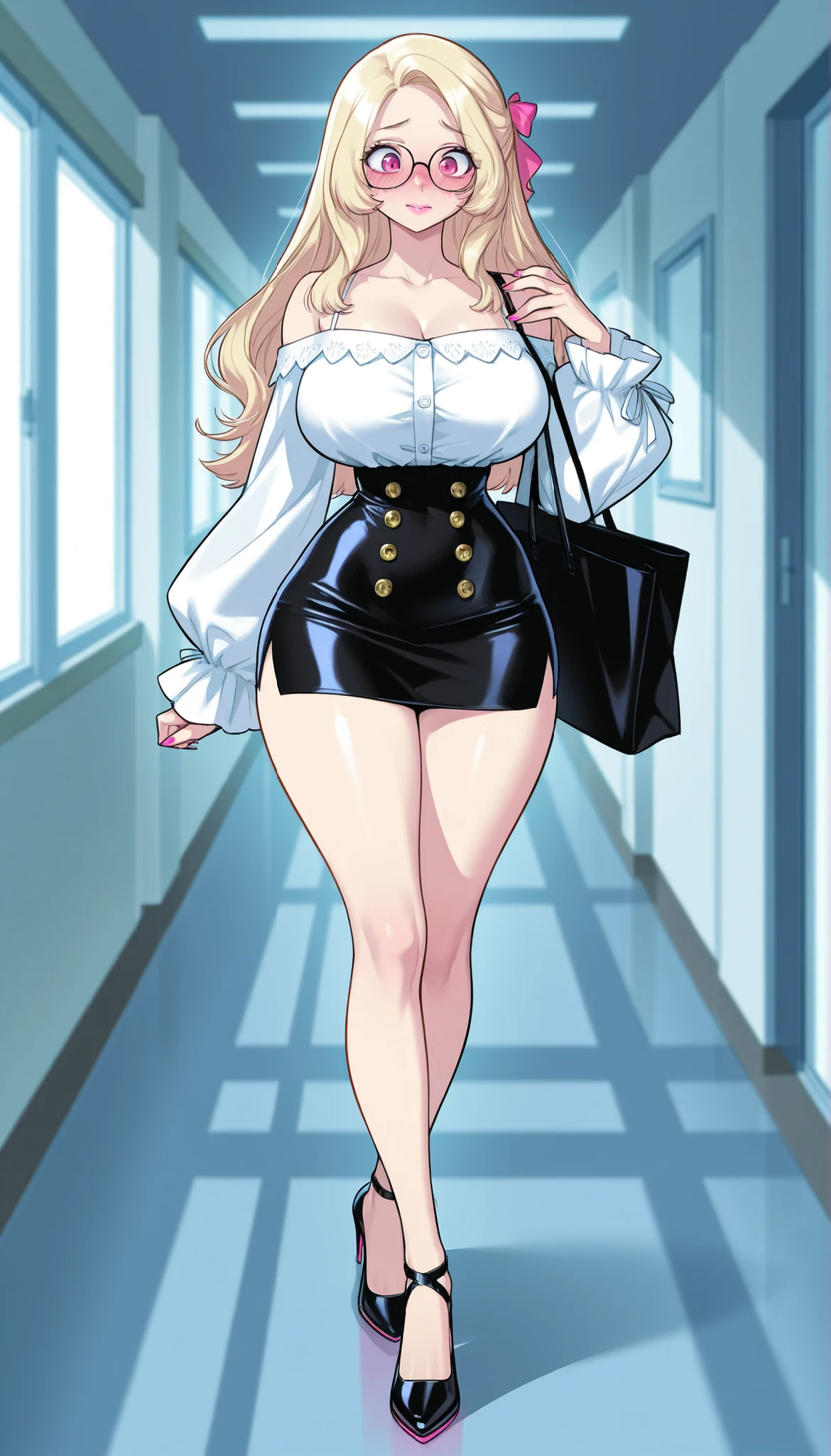 A young-adult beautiful cute woman with long silky pale-blonde hair, big pink eyes, pink lips, pink nails, extremely fair white natural skin, an extremely small waist, slightly wide round hips, slightly big breasts, and an insanely perfect hourglass figure. She's only wearing a mid-riff white top with spaghetti straps and full sleeves, spectacles, a hair ribbon on the side, a separate loose black leather mini skirt with buttons, and strappy high-heels. She's walking, blushing shy expression, hands joined together in front of her skirt, a tote bag over her shoulder, and in a school hallway. Show her full body and super hyper-detailed.