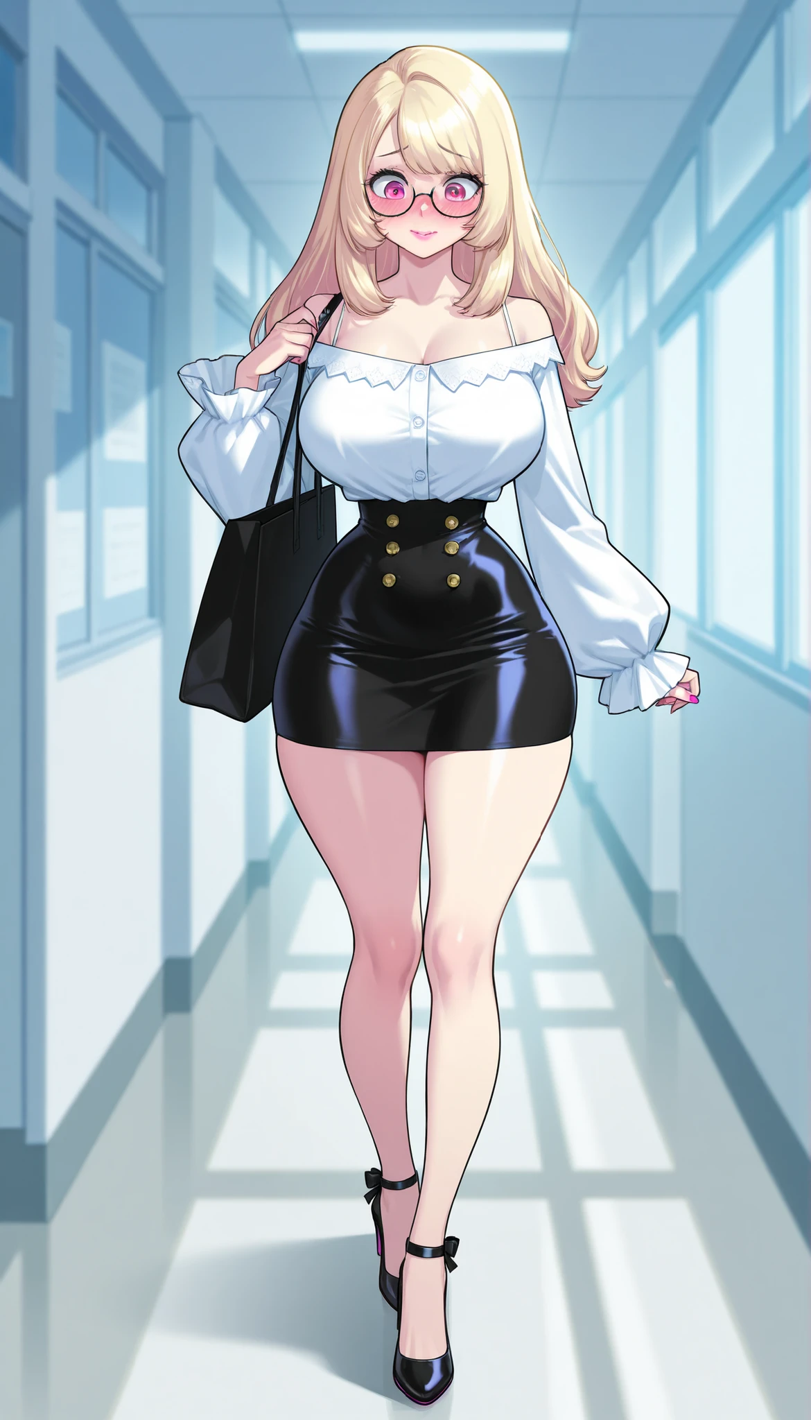 A young-adult beautiful cute woman with long silky pale-blonde hair, big pink eyes, pink lips, pink nails, extremely fair white natural skin, an extremely small waist, slightly wide round hips, slightly big breasts, and an insanely perfect hourglass figure. She's only wearing a mid-riff white top with spaghetti straps and full sleeves, spectacles, a hair ribbon on the side, a separate loose black leather mini skirt with buttons, and strappy high-heels. She's walking, blushing shy expression, hands joined together in front of her skirt, a tote bag over her shoulder, and in a school hallway. Show her full body and super hyper-detailed.