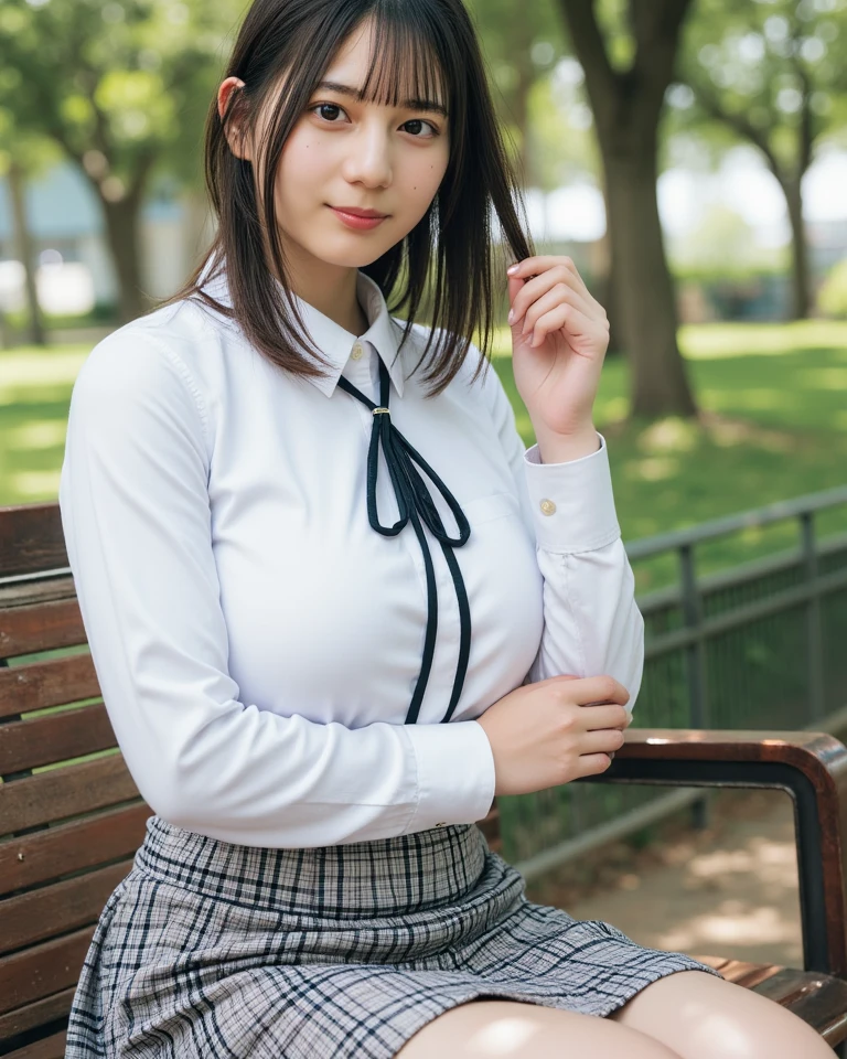 Ulchan-6500-v1.1, (RAW photo:1.2), (Photoreal), (genuine:1.4), 1milf, perfect anatomy, 48 years old, plump body:0.5, look at the viewer, medium long hair, half sleeve, vest, plaid mini skirt, ((sit on the grass and open legs:1.0)), (super realistic pantyhose:1.2), (high heels), (business services), under shade of tree