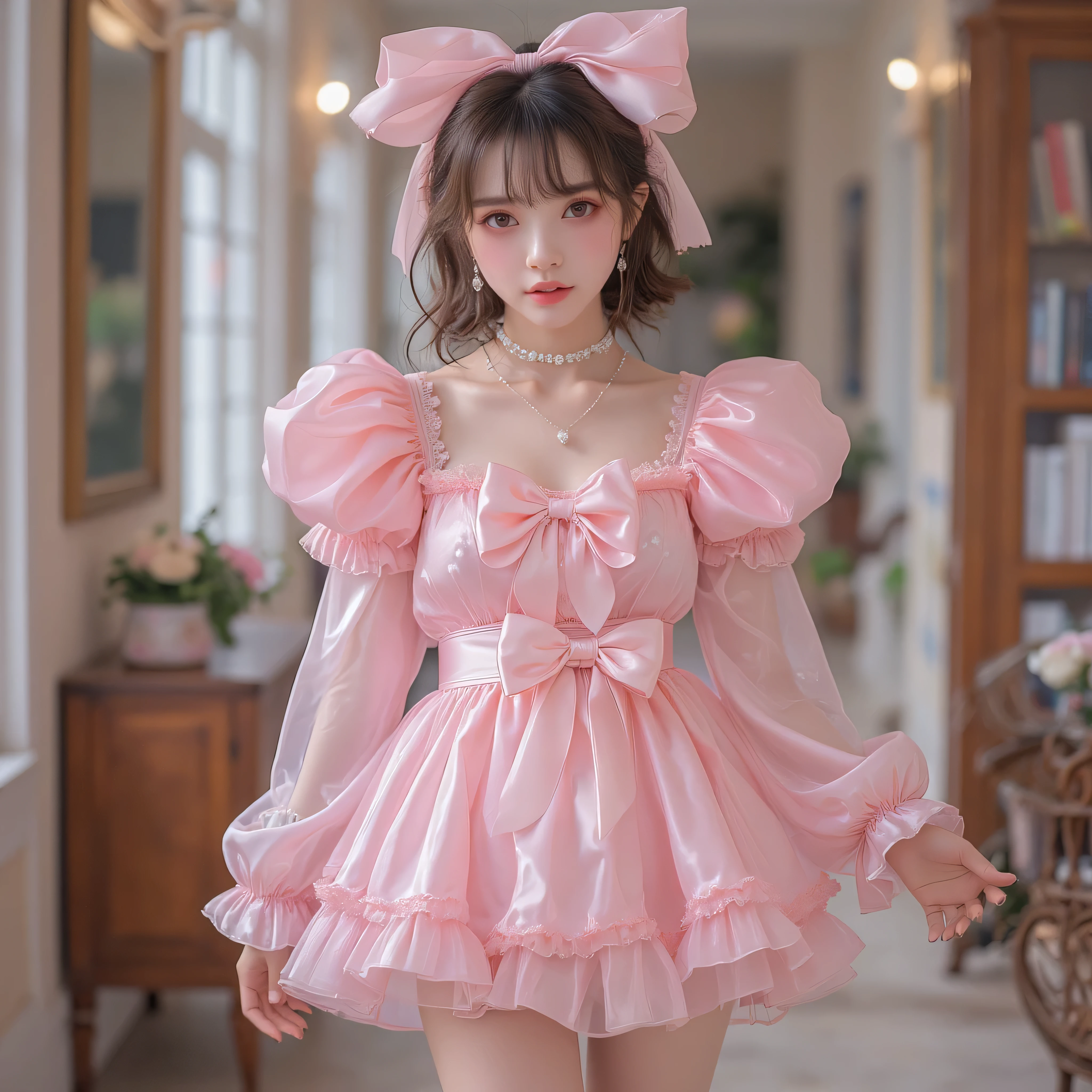 best image quality、Very shiny silk pink dress with lots of huge bows、extremely short micro mini skirt、Huge pink double bow tied around the neck、Big bulging puff sleep、 white garter belt and over the knee socks 、flushed cheeks、embarrassed expression、is in a hurry、Big Breasts、pink headband with a large ribbon on the side、short hair、see-through、bras、A very delicate figure、