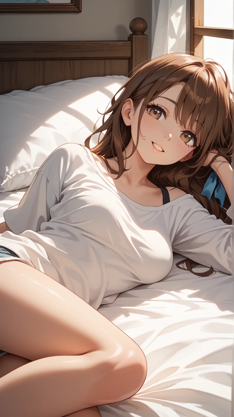 ((masterpiece, Highest quality, High resolution, 超High resolution, Pixel perfect, Written boundary depth, 4K, RTTX 10.0, High resolution))), 1 person, single, alone, Beautiful Anime, Beautiful art style, Anime characters, ((Shortcuts, bangs, Dark brown hair)), ((Green Eyes:1.4, Round eyes, Beautiful eyelashes, current eyes)), ((Smooth texture:0.75, Anime CG style)), ((Dynamic Angle, close)), Perfect body, (cute), Normal chest, whole body, ((4K, 8k, Highest quality, Perfect Fingers: 1.3, Perfect Anatomy: 1.3, Background Blur)), whole bodyアングル, An illustration of a girl staying up late at home on a summer night, The character is wearing light pajamas., sitting on a sofa in a relaxed position, His favorite manga and smartphone are scattered around him., She is smiling while concentrating on the screen., In the background, Outside the window, the starry summer night sky spreads out, The room is bathed in soft lighting.,