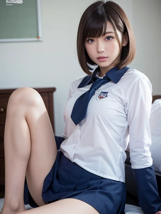Cosplay　Kasugano Sakura、Brown eyes、Brown Hair、Short Hair、bangs、Ahogé、Headband、Red underwear、Leg spread、Black Uniform、Blue Skirt、Thighs、White socks