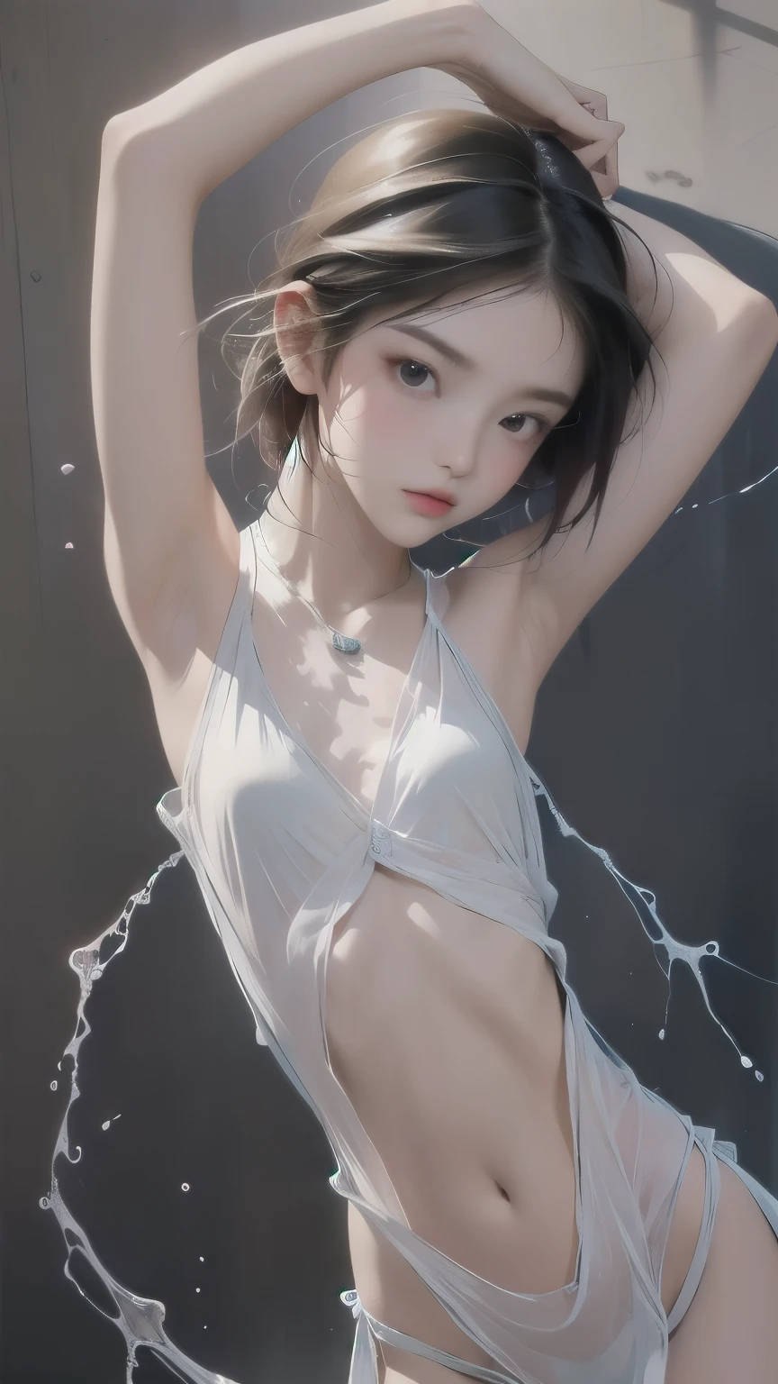 (masterpiece, best quality:1.2),16k, 85mm, RAW photos ,white and pink theme,(liquid clothes , liquid dress :1.4),gradient hair,gradient dress,See-Through Dress,Beautiful Girl with Delicate Beauty,close-up,shiny skin,short hair,disheveled hair, Dynamic Pose , Delicate Face, China Dress,necklace,watches the audience,delicate facial features, sexy, COLD EXPRESSION,real hair,Beautiful girl with a thin body,Micromini Underwear with the Smallest Area,Thin fabric underwear,Underwear Made of Thin Fabric with Lace Braid See-through,Light Pastel Underwear,((flat chest)),((small ass)),((Extremely Thin Thighs )),( Slim waist),(Extremely Thin Hips),