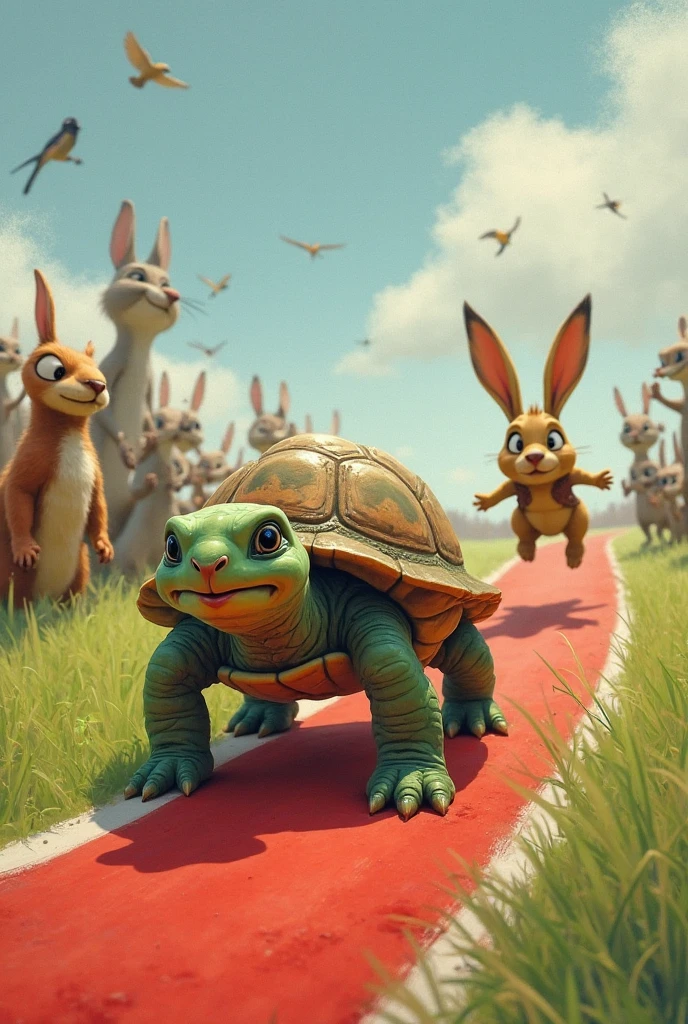 The turtle crosses the red “FINISH” line with a small smile. The rabbit ...