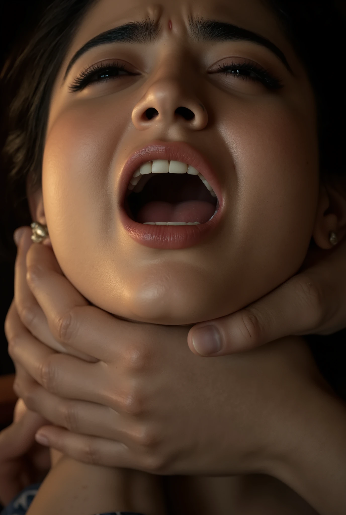 Close up of women getting strangled, eyes closed, chin up