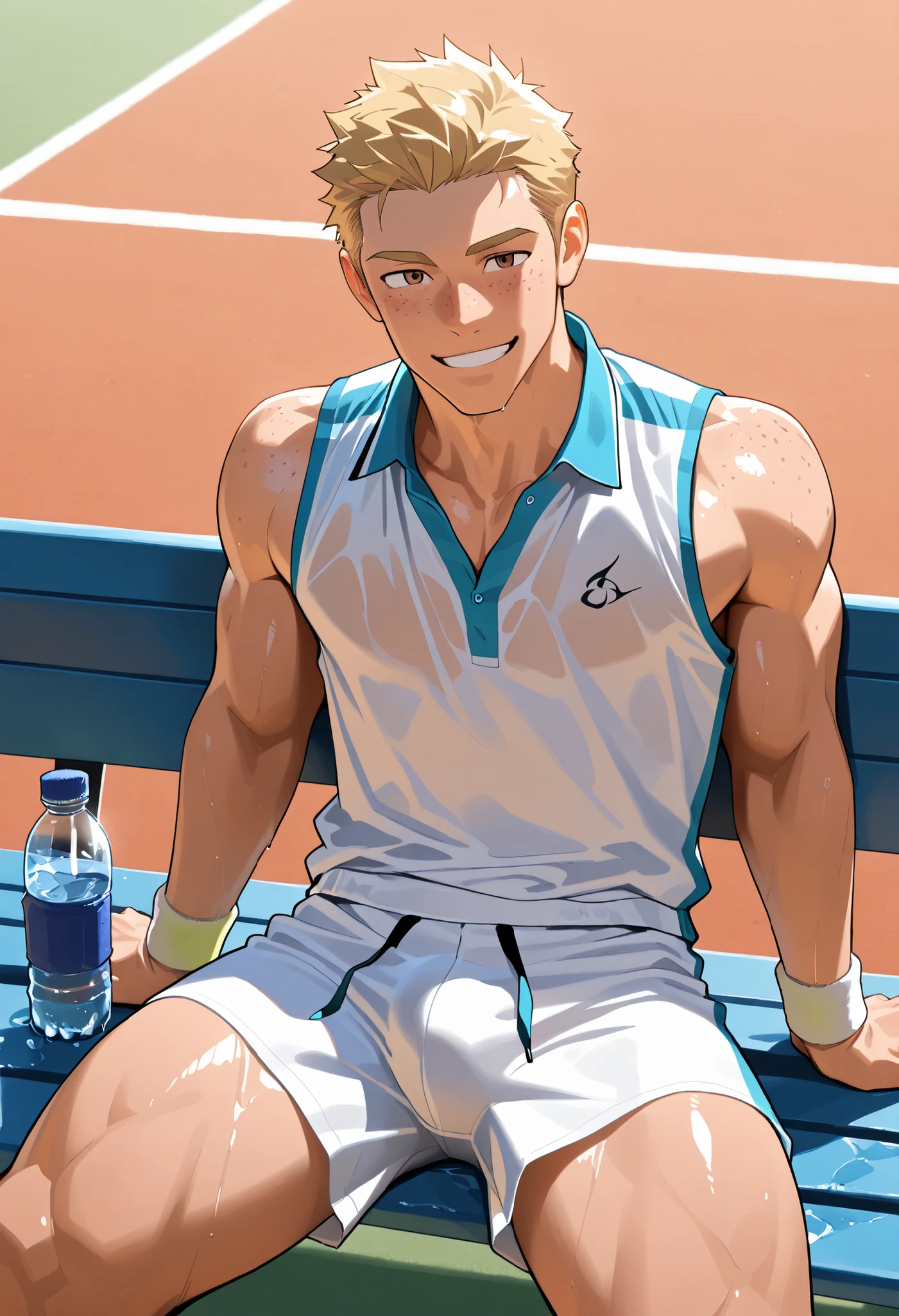 Solo male, handsome, muscular, bright skin, blonde hair , Blusher, brown eyes, freckles, smiling face, short hair, tennis player, on the court, tennis uniform, sitting on the bench, drinking bottle of water, legs wide open, erected under the pants, very, masterpiece, outside, VERY DETAILED , Exquisite details, detailed background