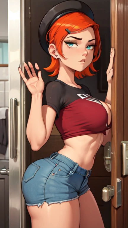 milf, 1girl, large breasts, gigantic breasts, huge breasts, heavy breasts, short hair, orange hair, light skinned female, orange eyes, large ass, Curvilinear waist, looking at the viewer, flushed face, full breasts, breasts larger than head, curvy female, curvilinear waist, mature female, mature face, sweaty, sweat drops, Tight leggings, small crop top, full lips, seductive, nipple outline, long protruding nipples, high deatiled face, covered nipples, front view, tits under shirt, underboob,