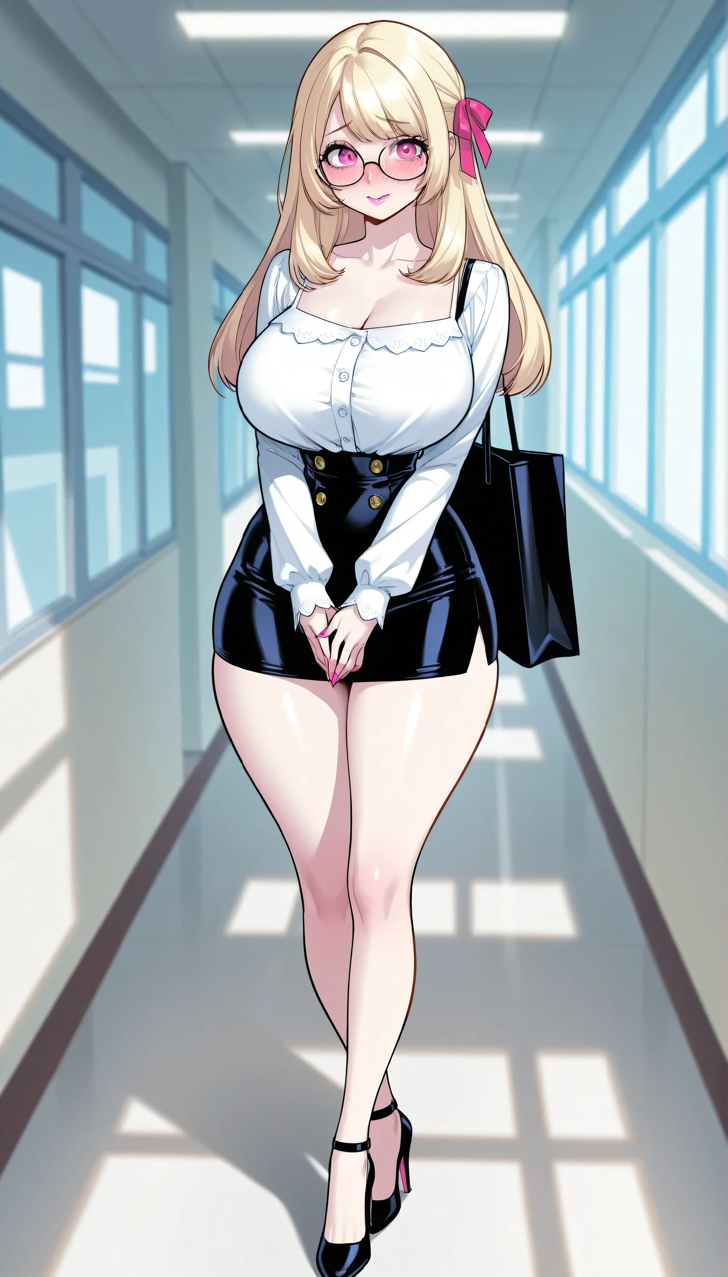 A young-adult beautiful cute woman with long silky pale-blonde hair, big pink eyes, pink lips, pink nails, extremely fair white natural skin, an extremely small waist, slightly wide round hips, slightly big breasts, and an insanely perfect hourglass figure. She's only wearing a mid-riff white top with spaghetti straps and full sleeves, spectacles, a hair ribbon on the side, a separate loose black leather mini skirt with buttons, and strappy high-heels. She's walking, blushing shy expression, hands joined together in front of her skirt, a tote bag over her shoulder, and in a school hallway. Show her full body and super hyper-detailed.