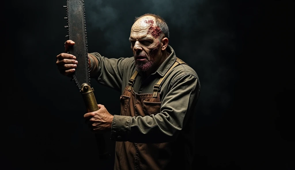 zumbi com rosto assustador, Profession Blonde Lumberjack, ((With wood-chopping axe in his hands)), (Suspenders attached to the zombie's pants), ensanguentado