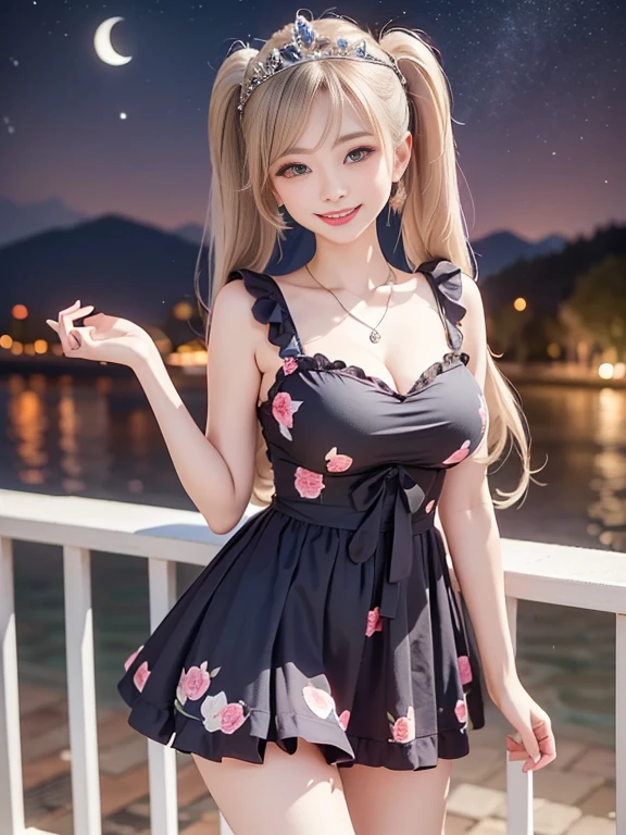 ((top quality, 8k, masterpiece: 1.3)), 1 woman, full body, smiling beautiful girl with many balloons, (blonde, twin tails) (big: 1.3, cleavage), cut abs, revealing, colorful clown outfit, ultra detailed face, (detailed eyes, double eyelids, color contacts, eye catch, catch light, long eyelashes), Sony α7, wide frame, balloons are multicolored, balloon designs various, Ueno Park,