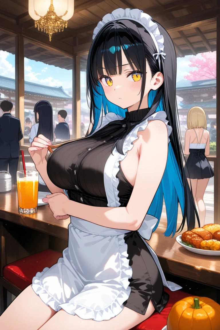 mastute piece,Best Quality,insanely detailed,8k cg,nsfw,
(shoot upper body:1.3),
(1girls:1.3),standing,looking at viewr,body in front,(arms behind back:1.4),(waitress costume:1.4),(bare breasts:1.2),break,
blush,shy,(ecstasy face),(trembling:1.2),break,(blue hair:1.2),
break,
perfect breasts,perfect teats,(open mouth:0.9),(large breasts:1.2),
(restaurant:1.1),