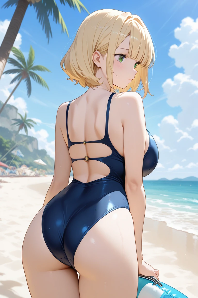 highest quality, High resolution, AND18, 1 girl, android 18, alone, golden hair, blue eyes, short hair,earrings,big breasts, frown,troubled face, Sweat,1 girl, red leotard, streak,looking at the viewer,fight