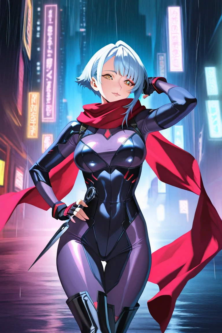 flat chest, heterochromia, Eyeliner, Metal Clothes:particles, darker skin, roter Suit, covered,