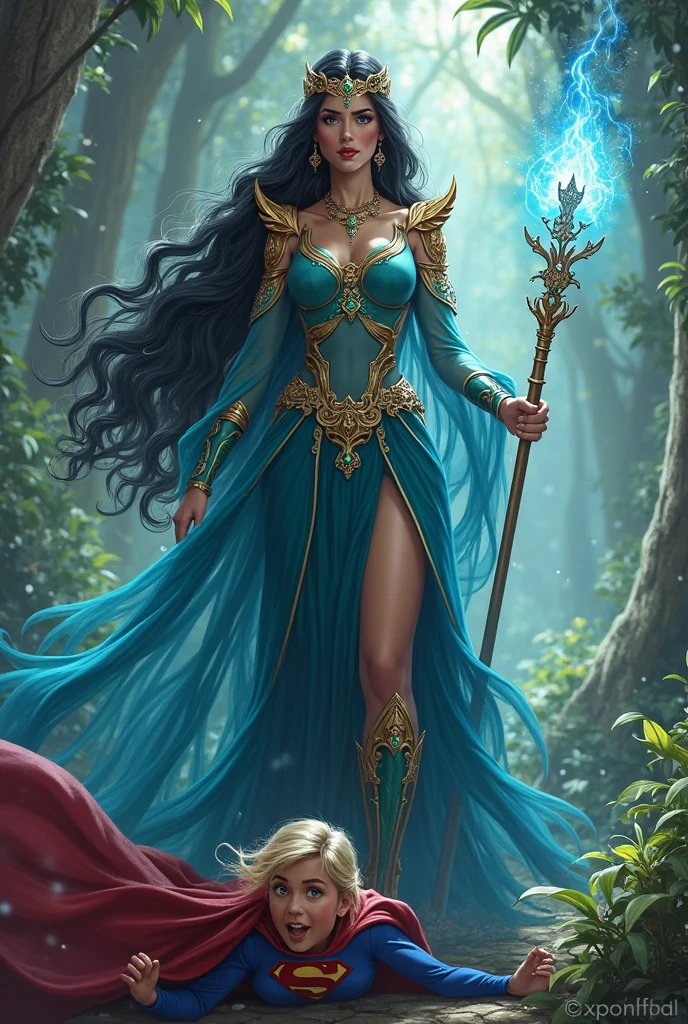 high details, best quality, 16k, [ultra detailed], masterpiece, best quality, (extremely detailed), dynamic angle, ultra wide shot, photorealistic, ((fantasy art)), dnd art, rpg art, realistic art, female human druid of the stars, guardian of nature, controlling magical energy made of stars, swirling blue stary magical light, divine symbols, DruidMagicAI (intricate details, Masterpiece, best quality: 1ץ5), human female,  extremally beautiful, ultra feminine, dynamic hair, dynamic hair color, wearing leather armorת holding a staff, moon light, stars, dynamic natural background,  RPG art, magical atmosphere magic-fantasy-forest, ultra best realistic, best details, best quality, 16k, [ultra detailed], masterpiece, best quality, (extremely detailed), ultra wide shot, photorealism, depth of field, hyper realistic painting, aetherpunkai