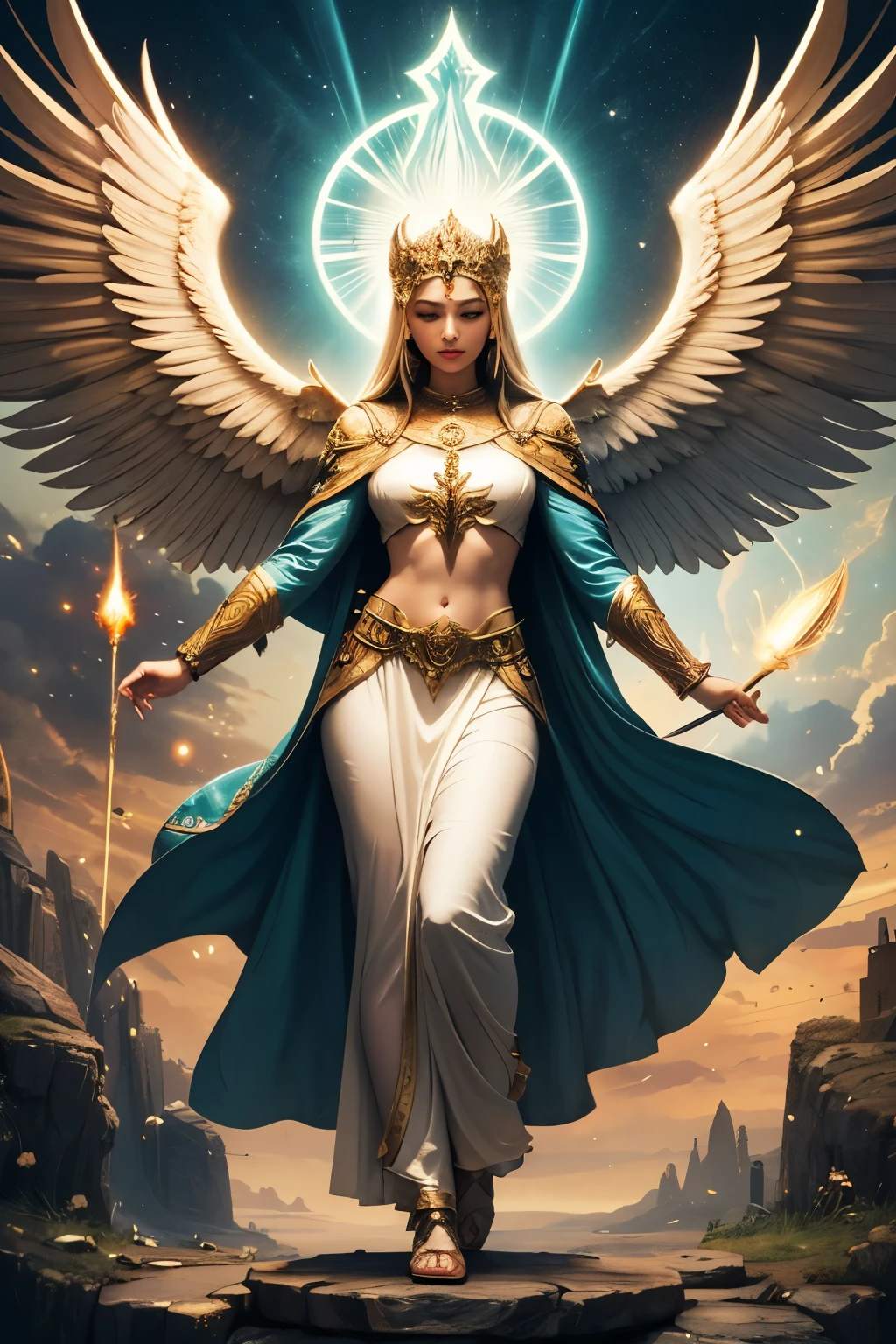A mystical Atlantean woman stands poised in a futuristic boat made of diamonds, holding a long ornate staff crowned with a sacred dove. She emanates serenity and divine grace against a backdrop where storm clouds clash with beams of golden light. Additional doves soar around her, representing heavenly guidance amidst turmoil. The scene is rich in symbolism, capturing the essence of tranquility and divine intervention in times of chaos.