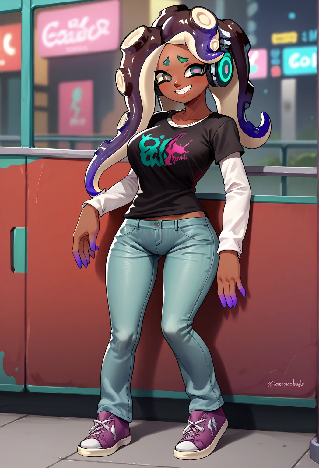 Best quality, highly detailed, ultra detailed, 1 very Dark brown skin boy, flat chest, male chest, curvy body, long pink dreadlocks, pink dreadlocks, pink eyes, pointy ears on sides, fangs, sharp nails, lipgloss, wearing white croptop, biker shorts, showing his penis to the audience