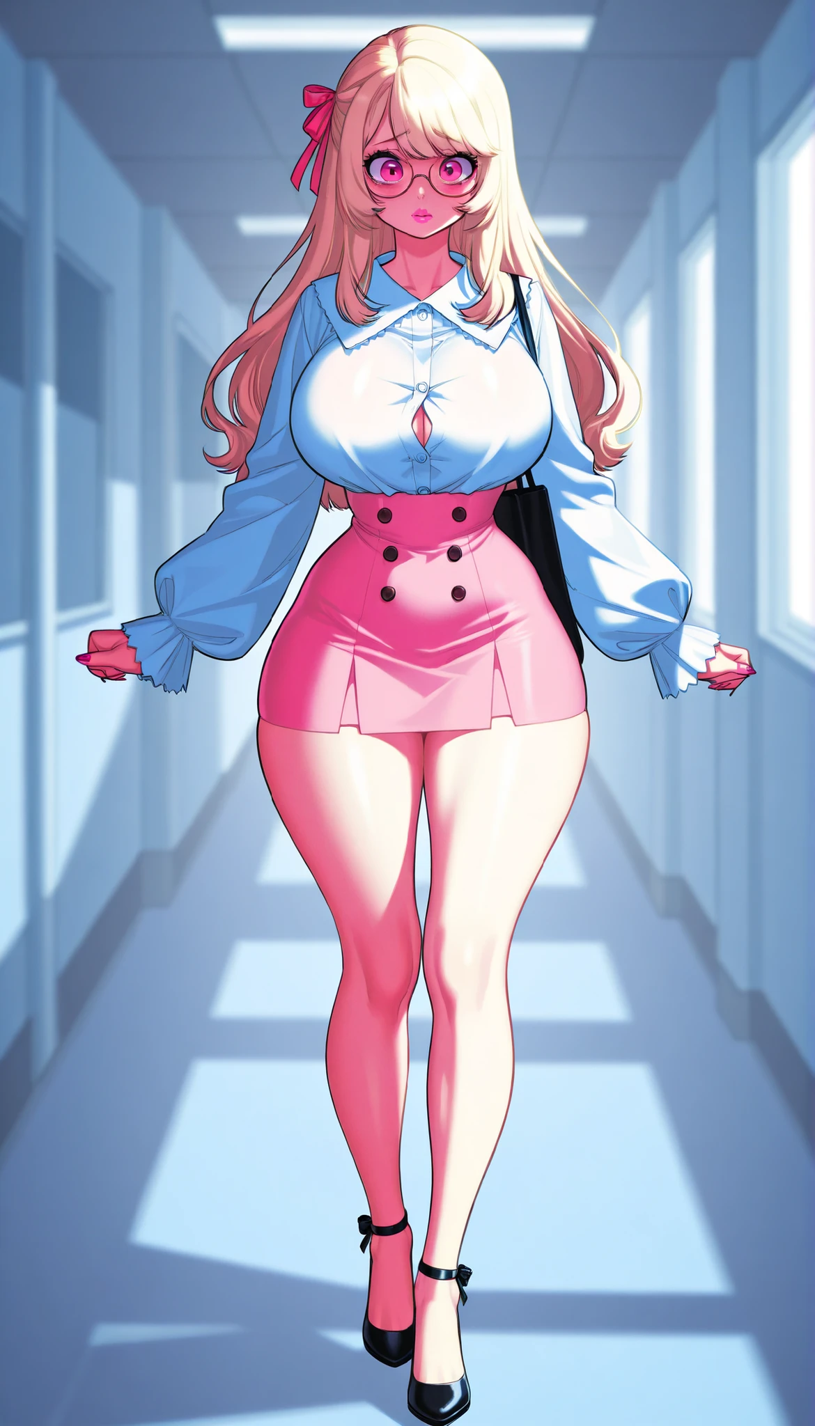 A young-adult beautiful cute woman with long silky pale-blonde hair, big pink eyes, pink lips, pink nails, extremely fair white natural skin, an extremely small waist, slightly wide round hips, slightly big breasts, and an insanely perfect hourglass figure. She's only wearing a mid-riff revealing white top with spaghetti straps and full sleeves, spectacles, a hair ribbon on the side, a separate flared-out black mini skirt with buttons, and strappy high-heels. She's walking, shy expression, hands joined together in front of her skirt, a tote bag over her shoulder, and in a school hallway. Show her full body and super hyper-detailed.
