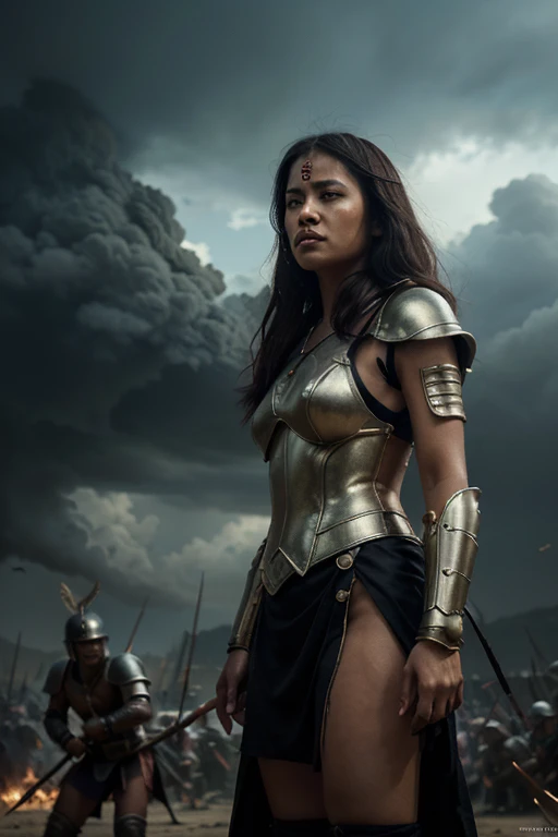 Promt A beautiful Indonesian female warrior holding a sword, with a white tiger spirit emerging from her body and showing a fierce face. She is fighting against enemies in the courtyard of a palace, and there is a palace wall beside her. The scene is chaotic and violent, with blood, fire, and smoke everywhere. The enemies are wearing armor and helmets, and some of them have shields and spears. The palace wall is decorated with flags and banners, and has a gate that is partially destroyed. The image is realistic, detailed, and vivid, with sharp contrasts, shadows, and textures. The warrior and the tiger spirit are the focal points of the image, and their expressions and poses show their courage and determination. The image is enhanced with more realism, detail, and chaos, with more blood splatters, fire sparks, smoke effects, and enemy corpses. The warrior and the tiger spirit are surrounded by enemies, but they are not afraid. The image is dynamic and dramatic, with a sense of motion and tension.
