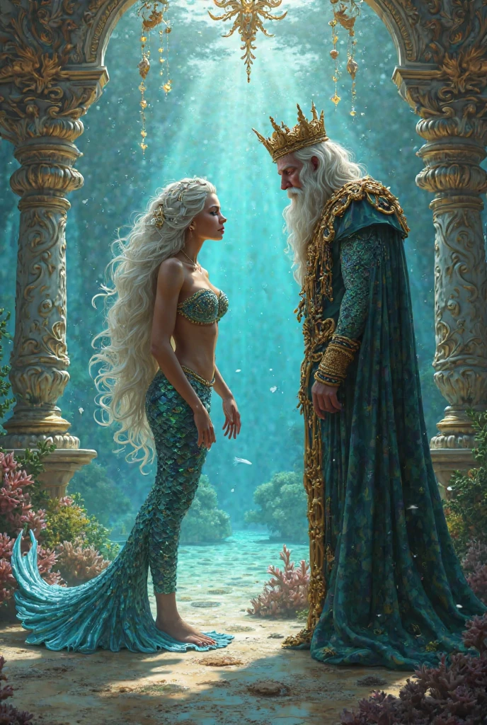 a beautiful mermaid with long, shimmering silver hair under the sunlight. She has a sparkling green tail with scales that glisten like emeralds. Mr. Arif looks shocked and mesmerized, while the mermaid smiles warmly. She wears a crown made of seashells and pearls, and a top made of delicate seaweed and pearls.