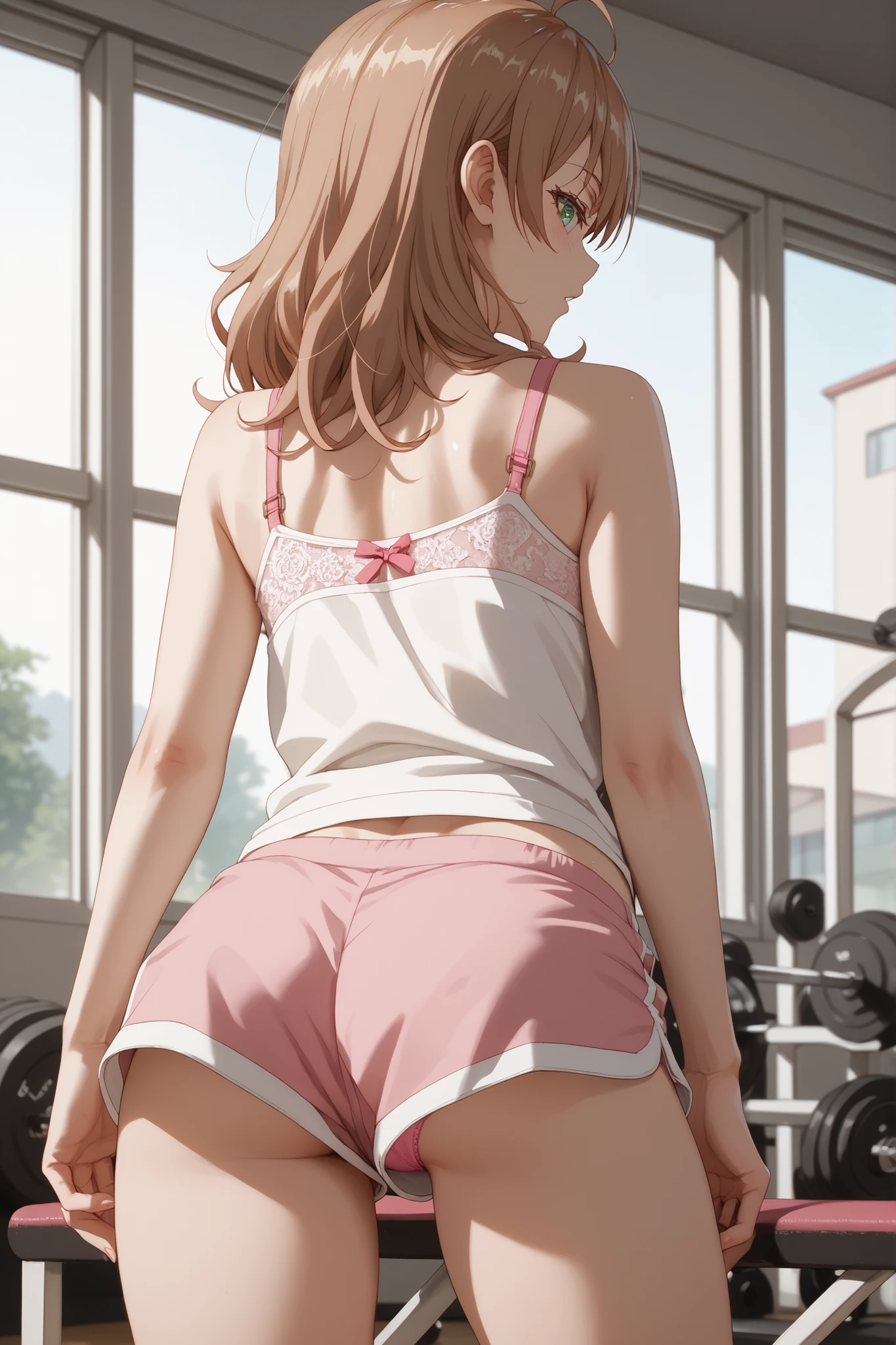 maria mikhailovna,upshorts, looking at the pink panties, camisa, lace bra, character with back,gym shorts,loose shorts