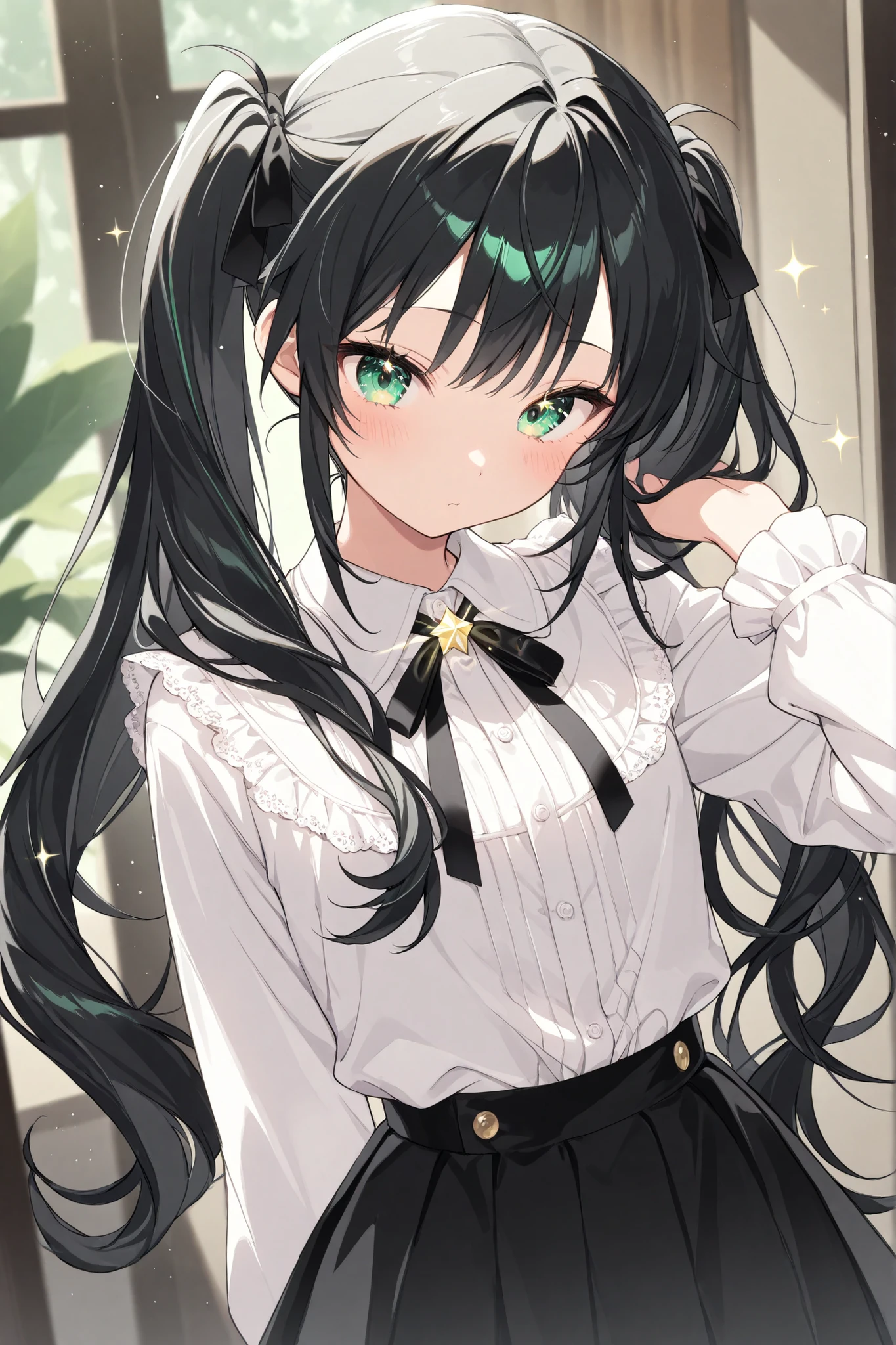 (masterpiece:1.2),High quality wavy lines、so breathtakingly beautiful、beautifully detailed、best image quality、Sparkling light effects、Out of focus、cute、black hair、Long Twin Tails、black ribbon、 emerald eyes、white shirt、lace black skirt 、cute