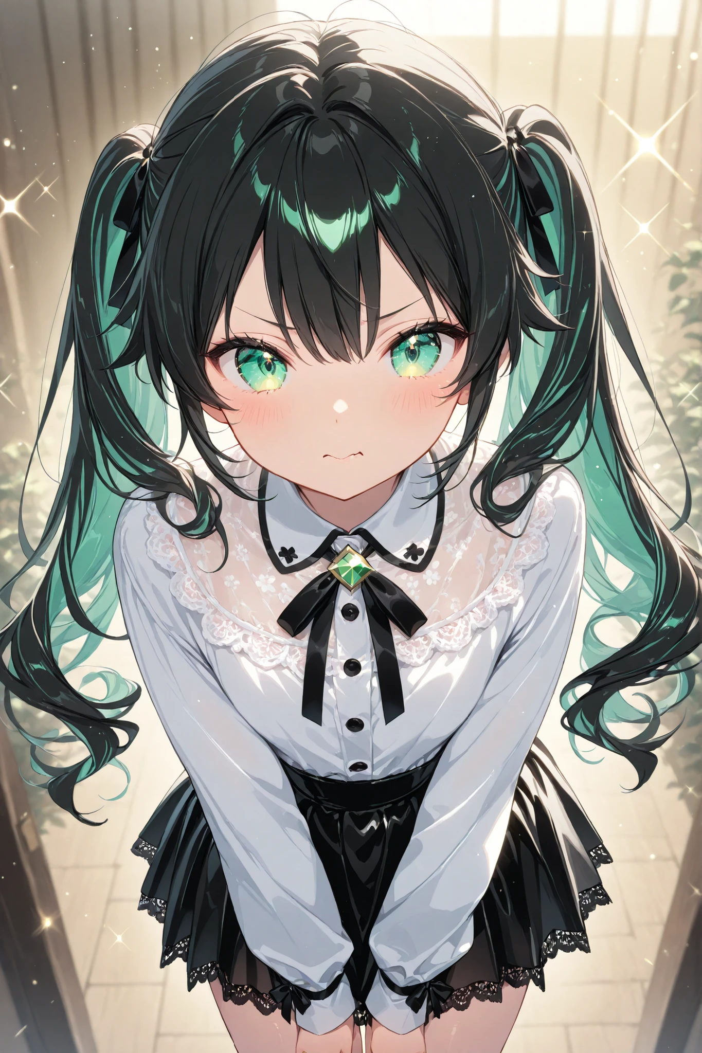 (masterpiece:1.2),High quality wavy lines、so breathtakingly beautiful、beautifully detailed、best image quality、Sparkling light effects、Out of focus、cute、black hair、Long Twin Tails、black ribbon、 emerald eyes、white shirt、lace black skirt 、cute