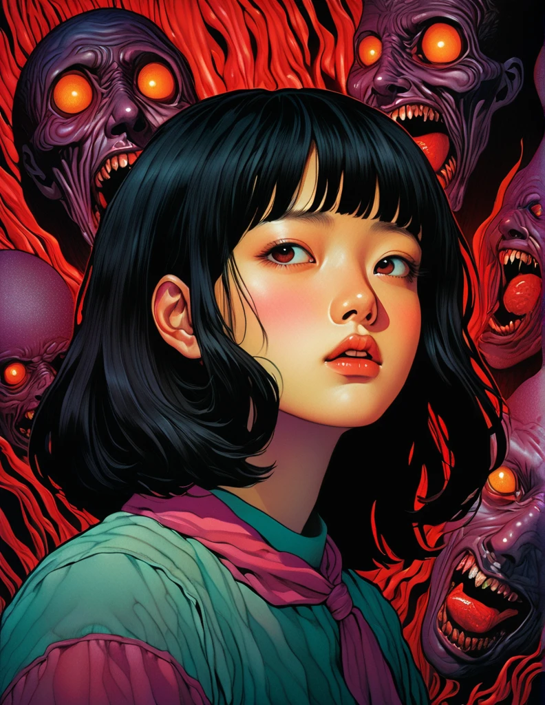 An illustration、art、80s Thai horror movie poster, Supervised by Junji Ito、Attention to detail, Realistic Shadows、Analog Style, chromatic aberration, Surrealism、Complementary Gradient