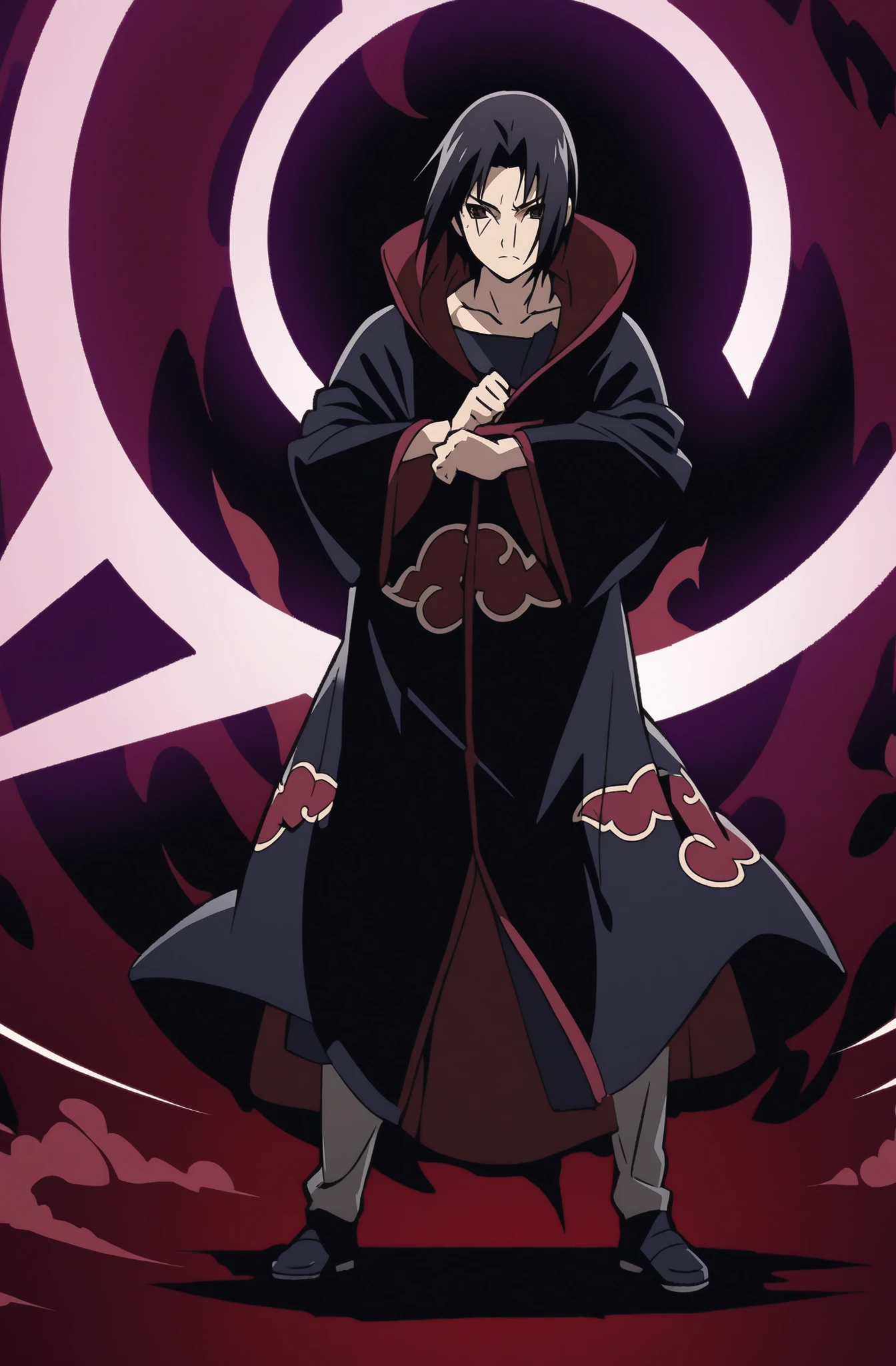Stylized anime illustration, Itachi Uchiha in Akatsuki cloak,
