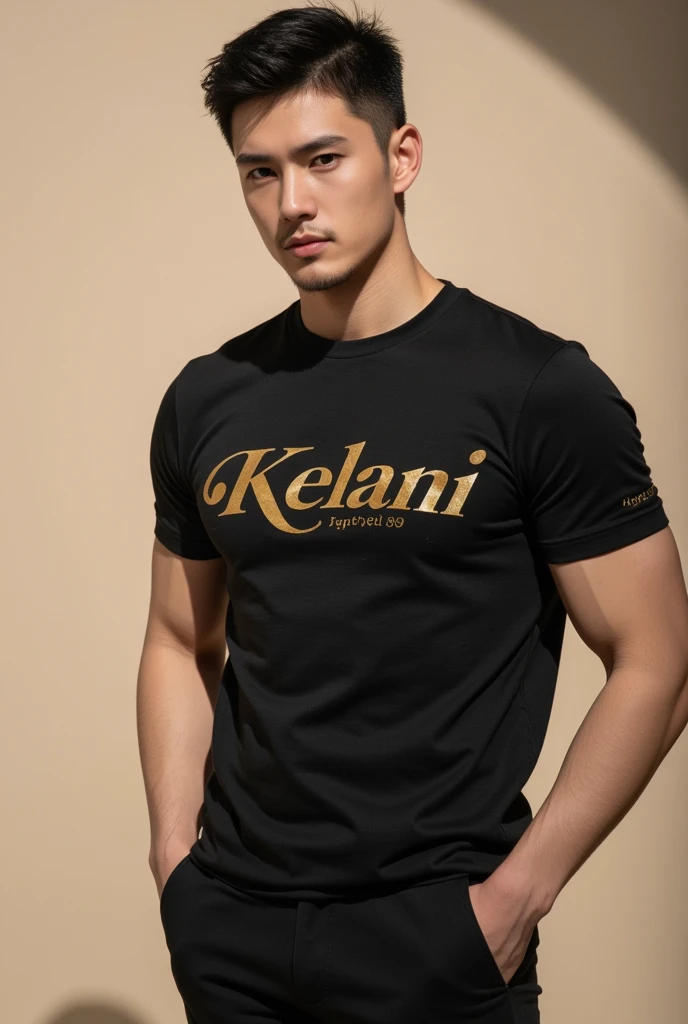 A boy wear black t shirt and black pant and the name written on the t shirt is lovely