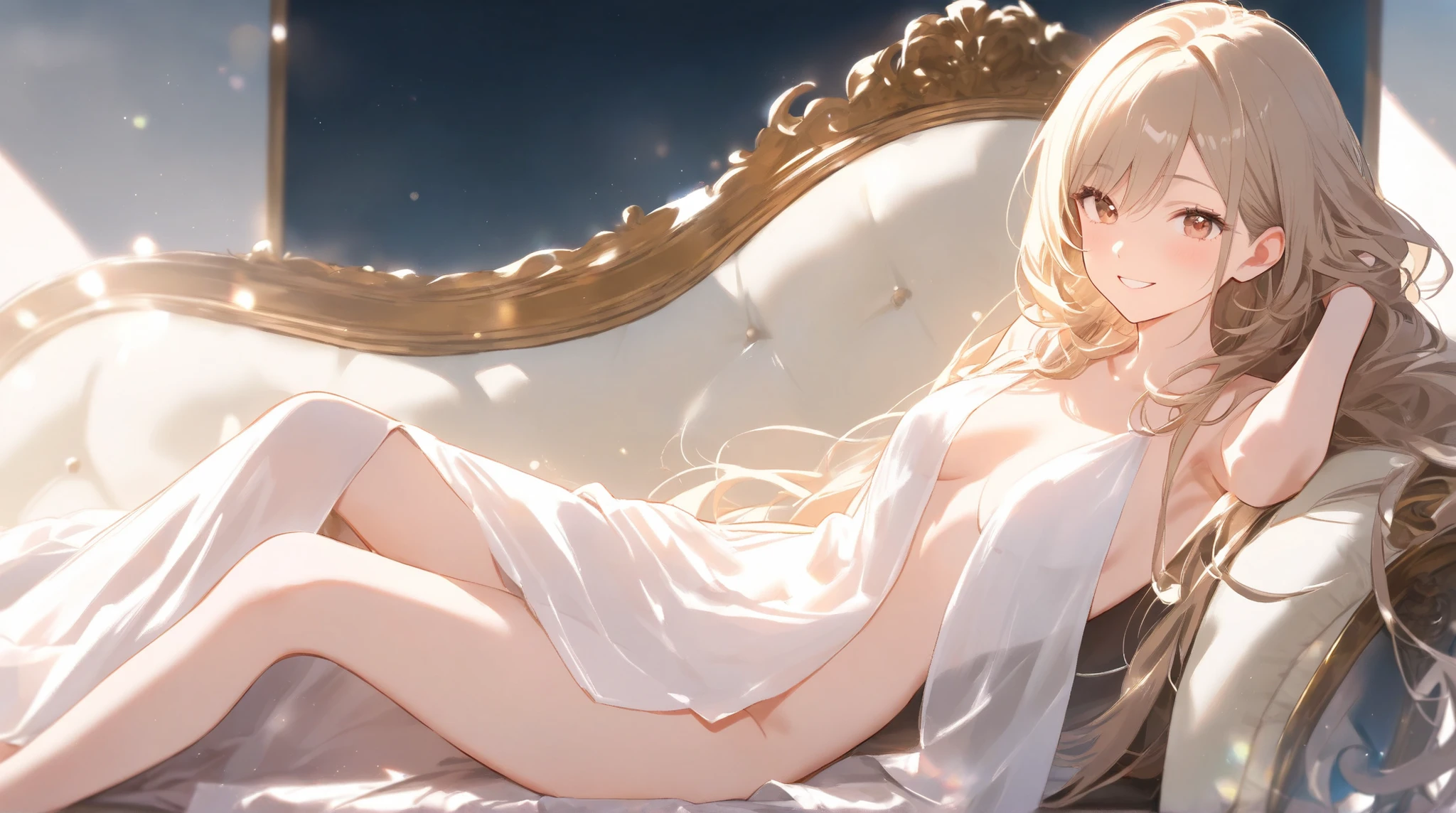 (masterpiece), (best quality), (detailed), Light Layer, 1 solo girl, Young girl in bed, Sexy Sheer Colonial Dress, Perfect body, Blonde hair, Clear chest, Well-defined collarbone, Surreal, lifelike, detailed, Perky transparent nipples, Wet clothes