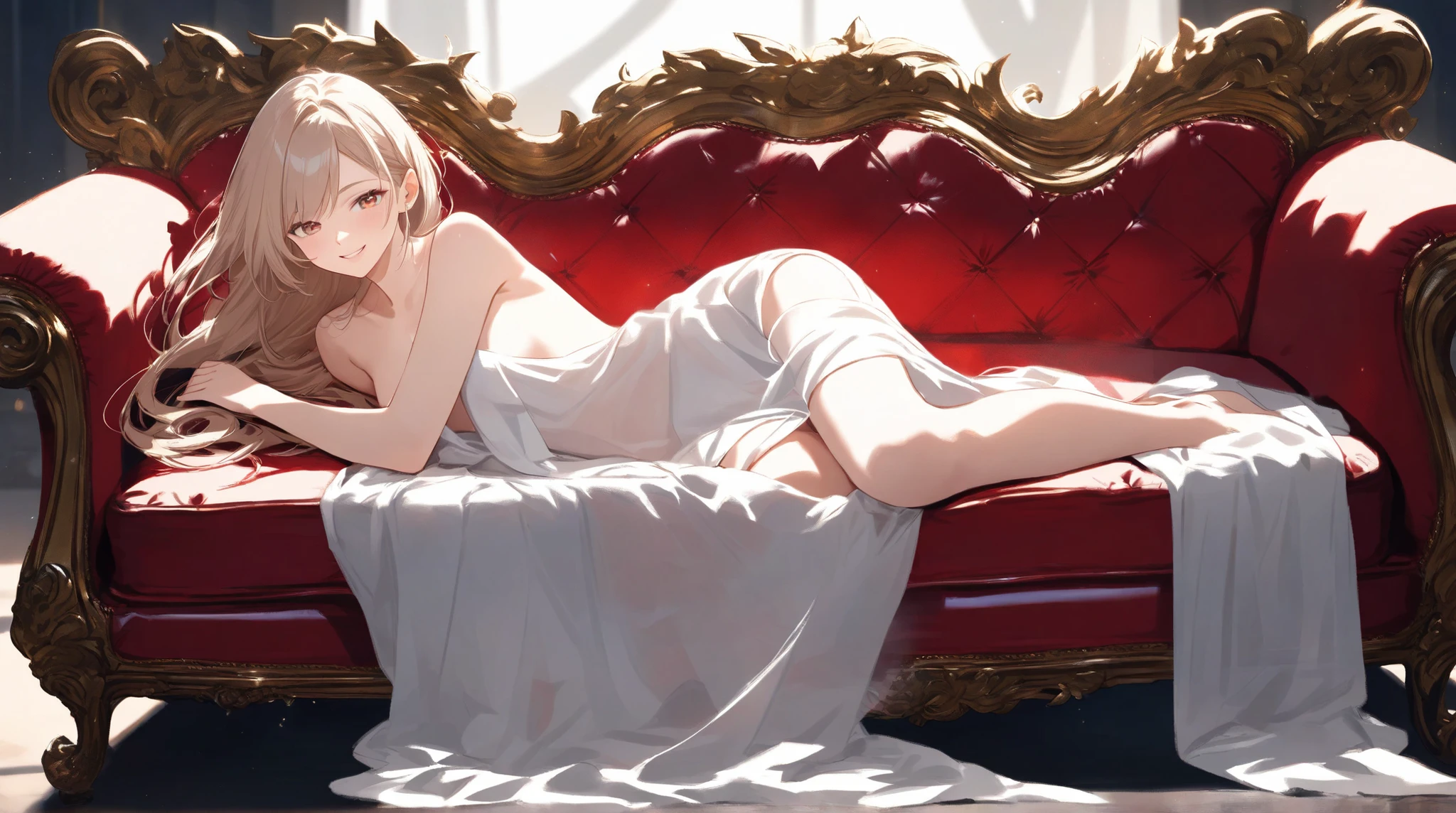 (best quality, masterpiece: 1.2), ultra-high resolution, realistic, front lighting, intricate details, exquisite details and textures, 1girl, solo, (young), face illumination, full body, detailed face, tear mole, white skin, silver hair, ponytail, pigtail hair, looking at the viewer, big eyes, silk robe, (hollow pattern, white, silk), earrings, small breasts, slim body, luxury room, professional lighting, photon display, radio, physical rendering